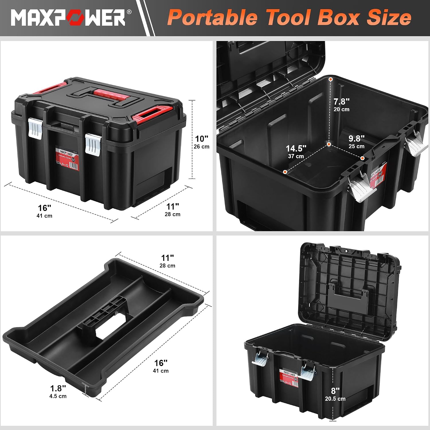 MAXPOWER Small Tool Box, 14-inch Plastic Tool Boxes with Handle | Removable Tray with Dual Lock Secured, Red Toolbox for Home