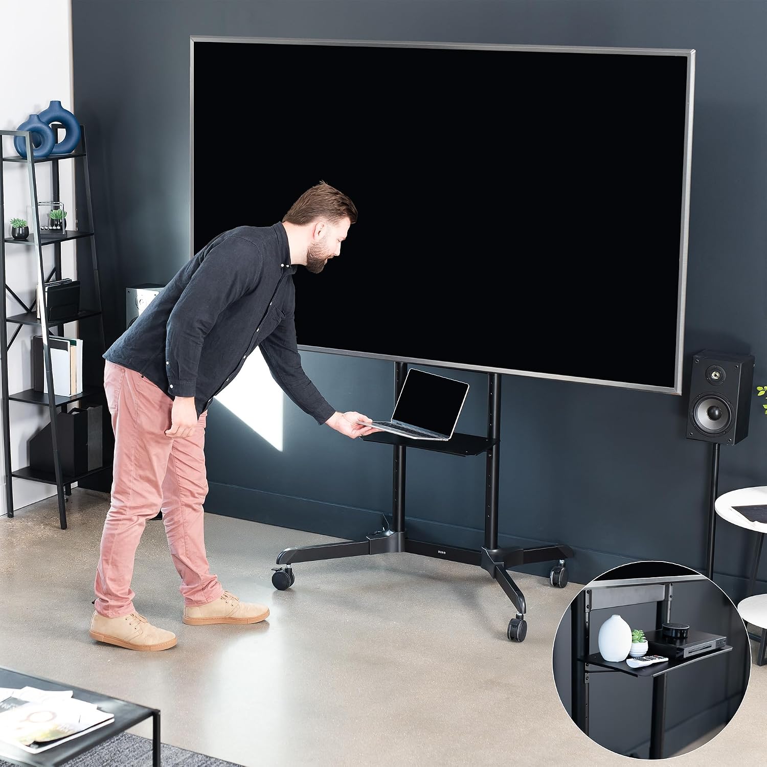VIVO Mobile TV Cart for 32 to 83 inch Screens up to 110 lbs, LCD LED OLED 4K Smart Flat and Curved Panels, Rolling Stand with Laptop DVD Shelf, Locking Wheels, Max VESA 600x400, Black, STAND-TV03E