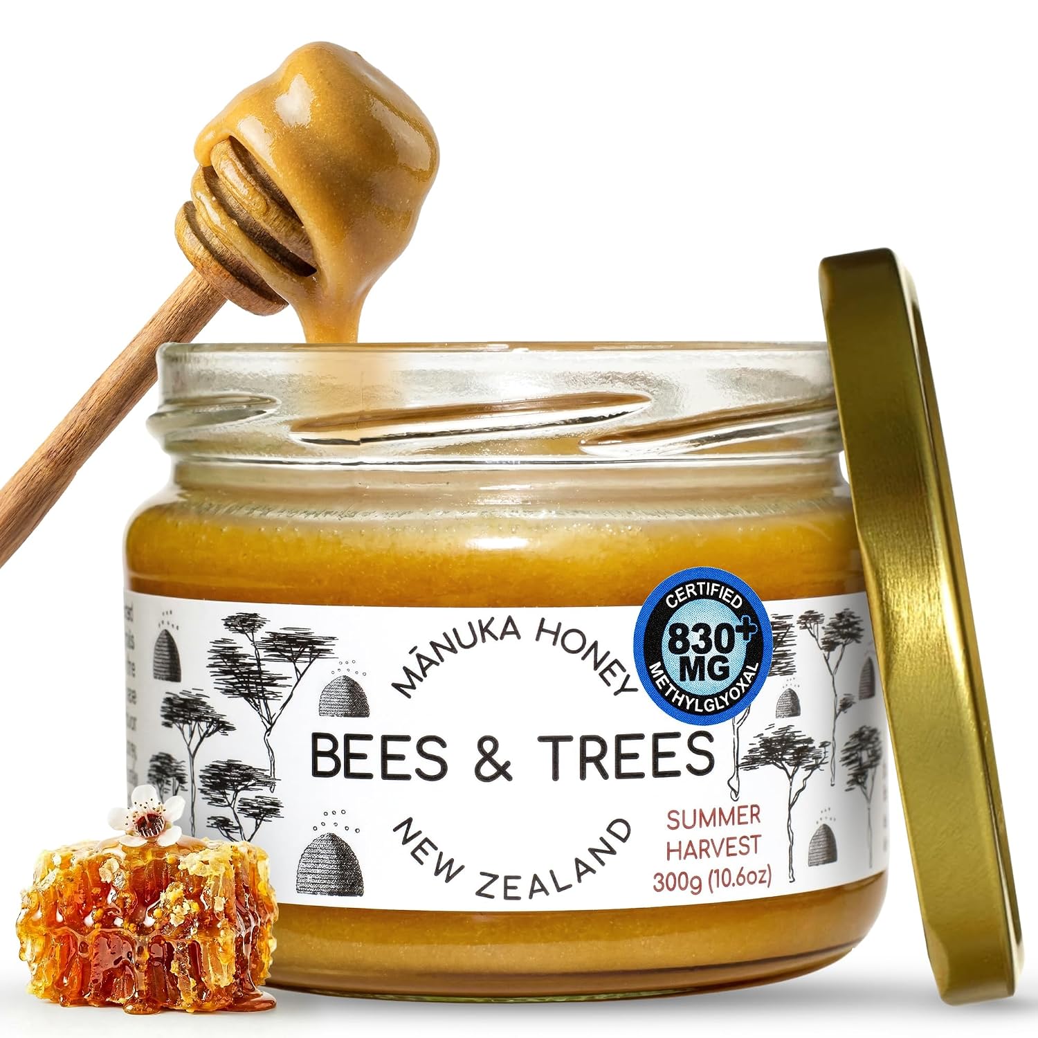 Bees & Trees Manuka Honey 550+ MGO - Raw Pure New Zealand Monofloral, 380g | Natural, Unpasteurized, Minimally Processed Mānuka Honey for Your Daily Routine, Tea, Coffee & Smoothies