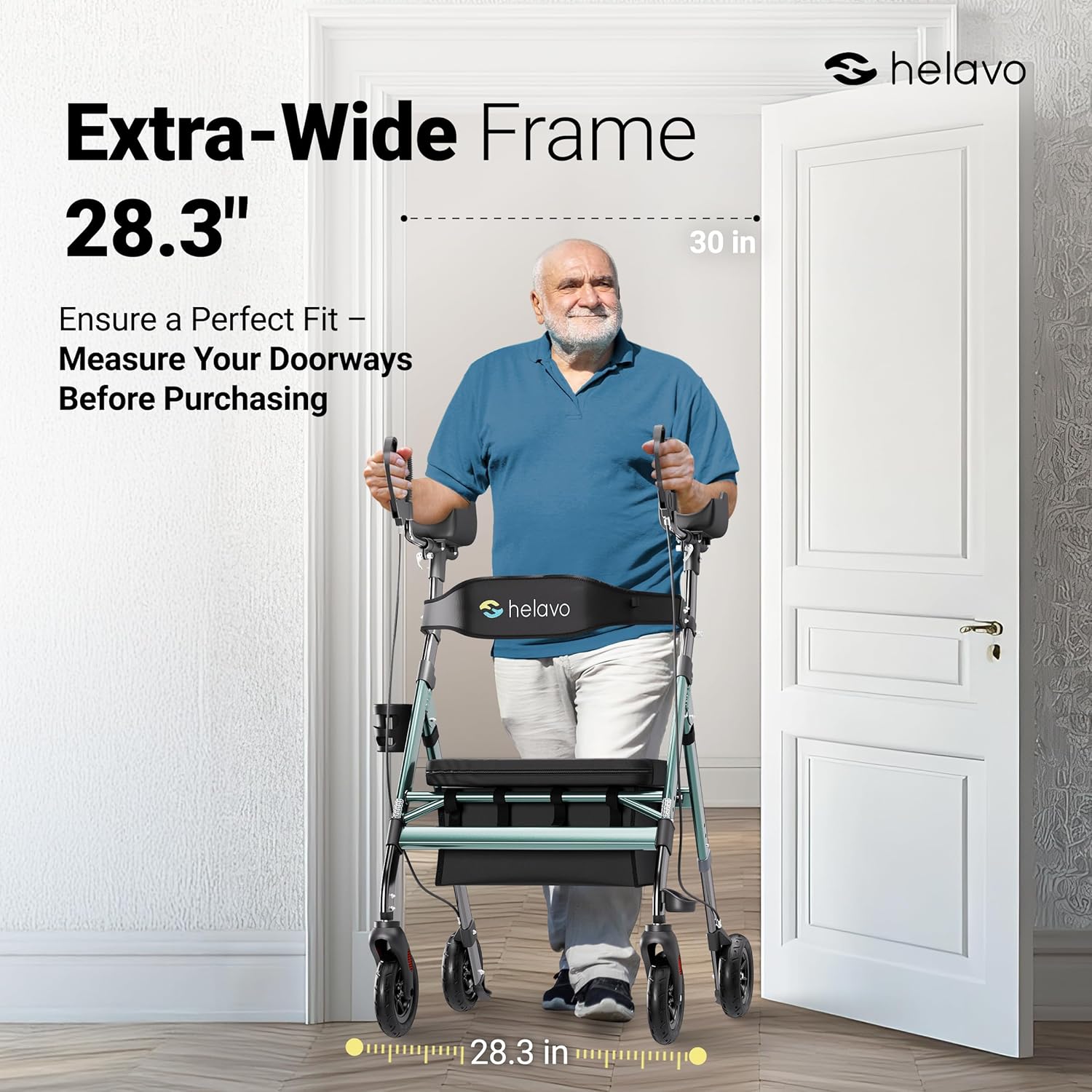 Helavo 28.3" Extra Wide Bariatric Upright Walker, 500 lbs Capacity | All Terrain Tall Standing Rollator, Padded Armrests, Height Adjustable