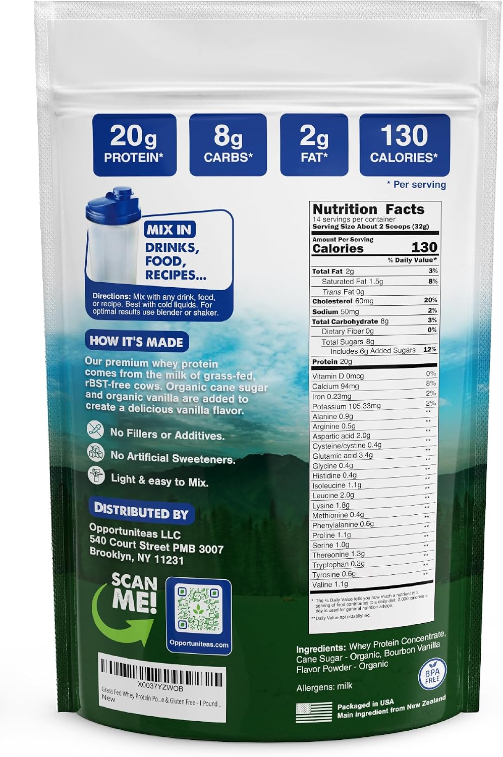 Grass Fed Whey Protein Powder Concentrate - 1 Ingredient - Pure Protein Supplement for Drink, Smoothie, Shake, Cooking & Baking - Non GMO, Hormone Free & Gluten Free - 1 Pound