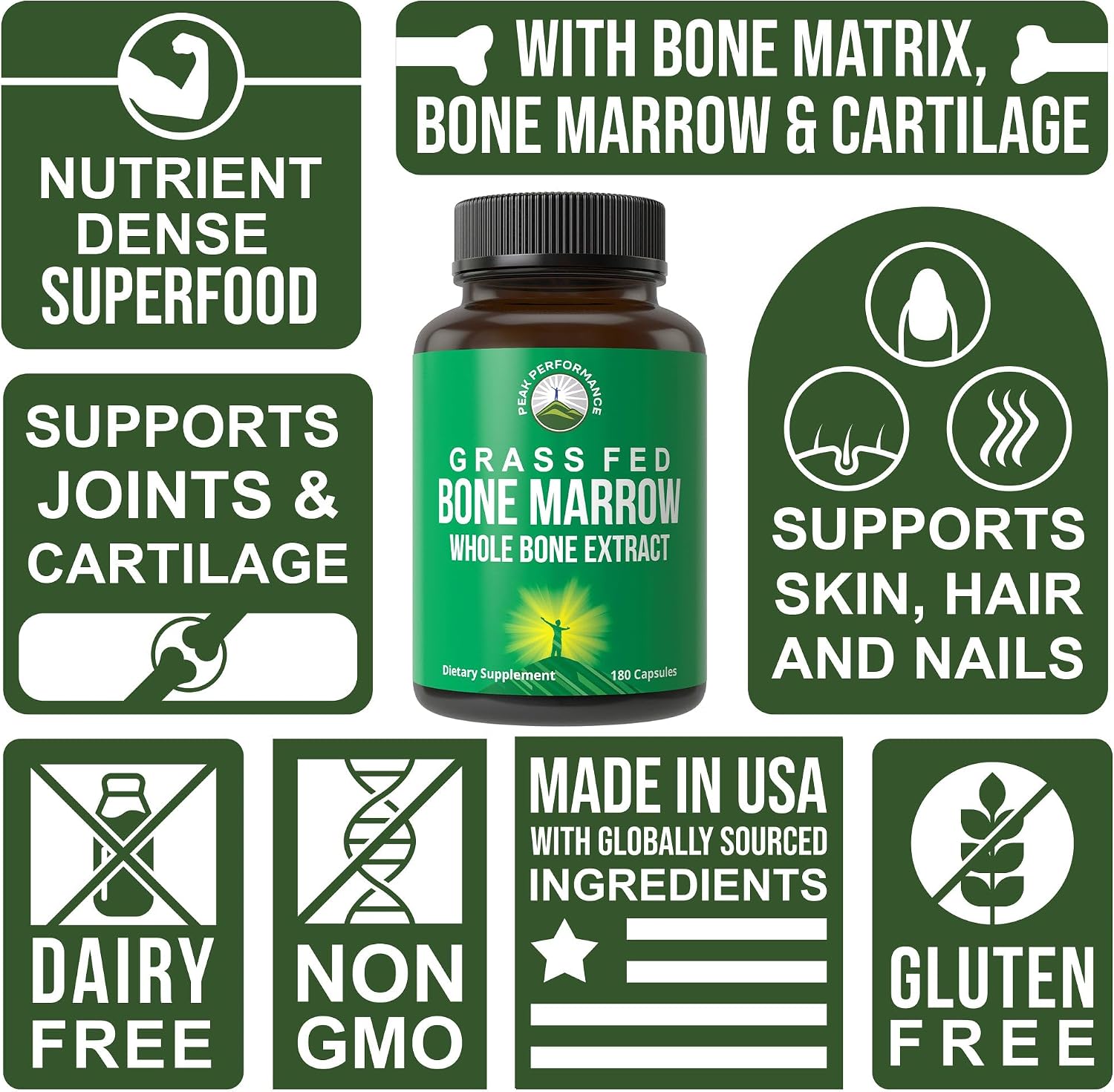 Peak Performance Grass Fed Bone Marrow Whole Extract Supplement 180 Capsule | Superfood Pills Rich in Collagen, Vitamins