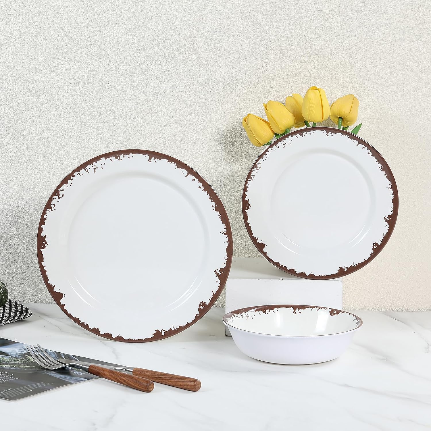 Rustic Melamine Dinnerware Set,12-Piece Plates and Bowls Sets,Yinshine Unbreakable Melamine Dish Set,Lightweight,Service for 4,Dishwasher Safe,Green