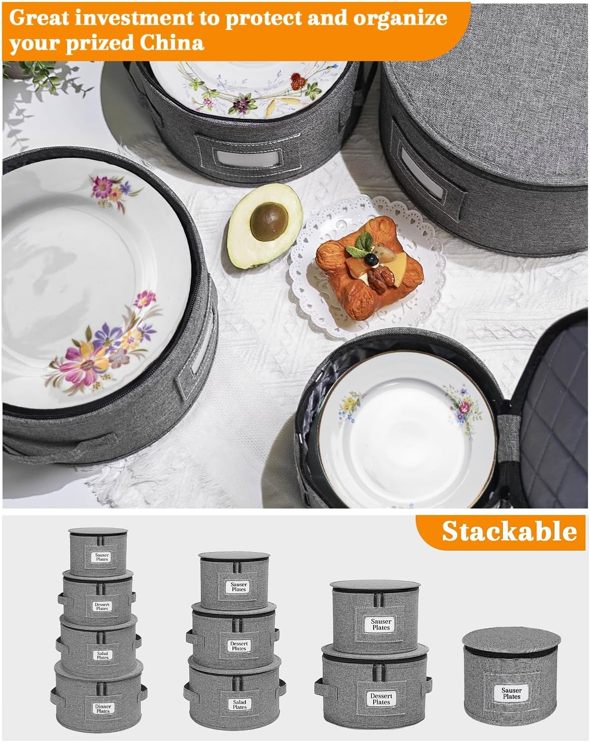 China Storage Containers, 4-Pack Hard Shell Plate & Dish Cases for Moving | Padded dividers and quilted lining protect plates and dishes; stackable for moving and holiday storage, beige hold set of 12