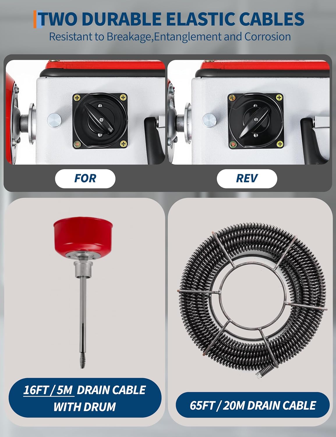 Electric Drain Cleaner Machine, Portable 66Ft & 16Ft Sewer Snake Auger with 6 Cutters, Professional Drain Cleaning Tool for 1-4 Inch Pipes in Sinks