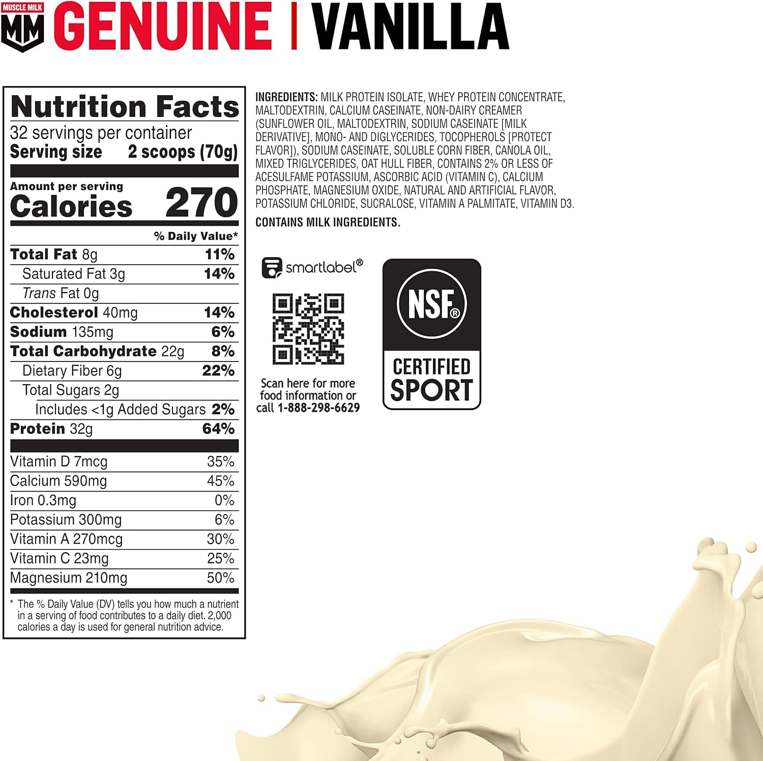 Muscle Milk Genuine Protein Powder, Chocolate, 4.94 Pound, 32 Servings, 32g Protein, 2g Sugar, Calcium, Vitamins A, C & D, NSF Certified for Sport, Energizing Snack, Packaging May Vary