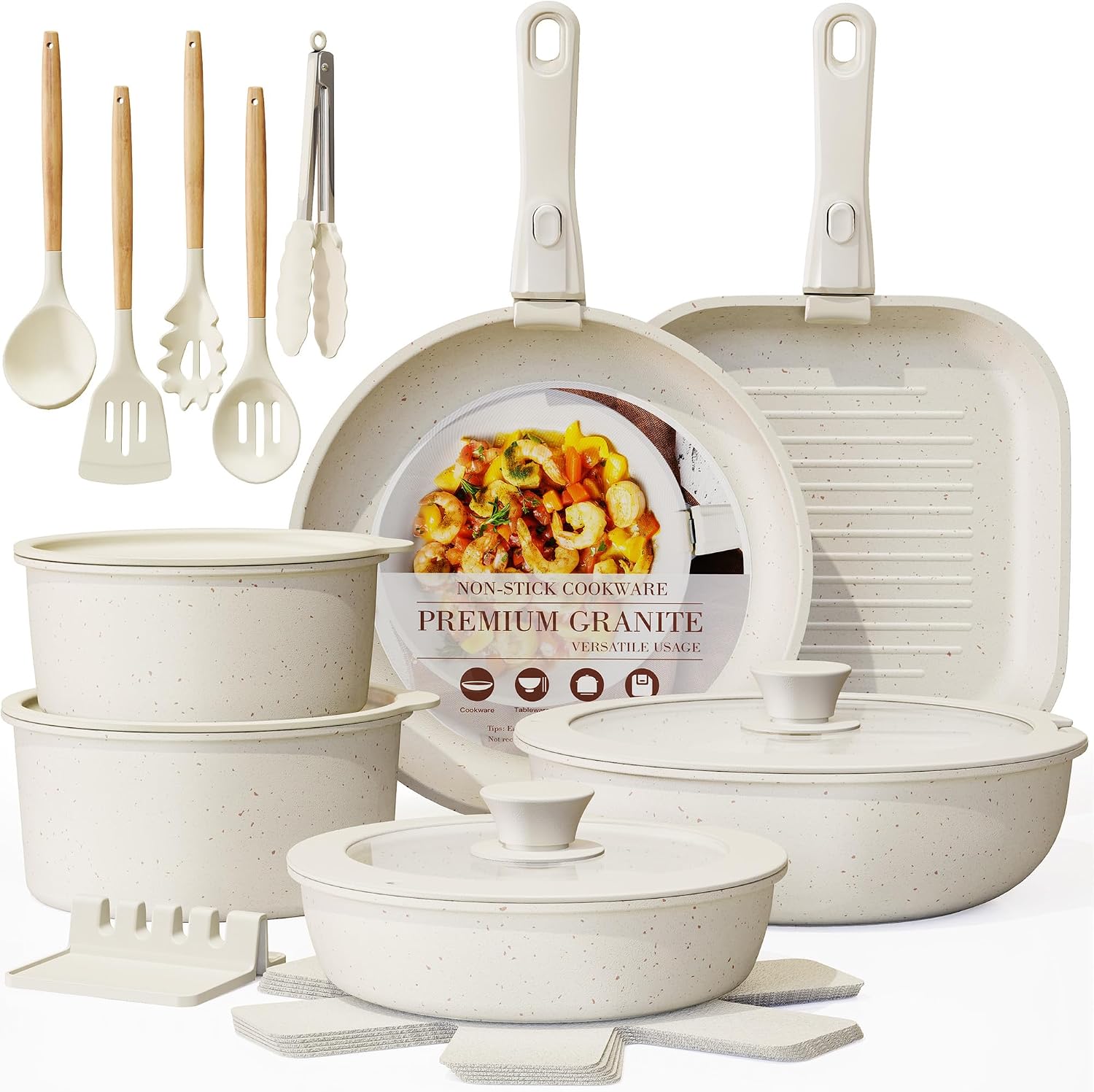 Astercook 21 Pcs Pots and Pans Set Non Stick, Ceramic Cookware Set Detachable Handle, RV Kitchen Cooking Set Removable Handles, Oven Safe, Induction Ready, Stackable, Cream, Fathers Day Gift for Men