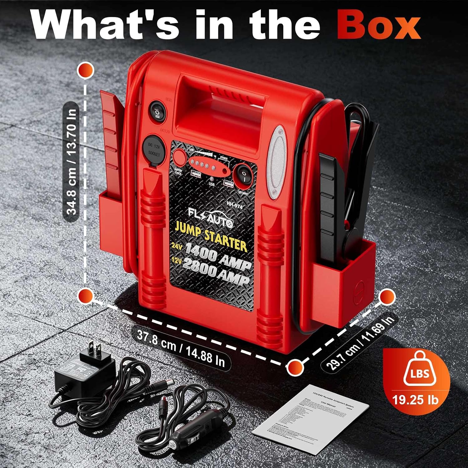 2800A/1400A Heavy Duty 12V/24V Car Jump Starter & Battery Booster – Jumper Pack, Lead-Acid Emergency Power for Cars, Trucks, SUVs, Boats