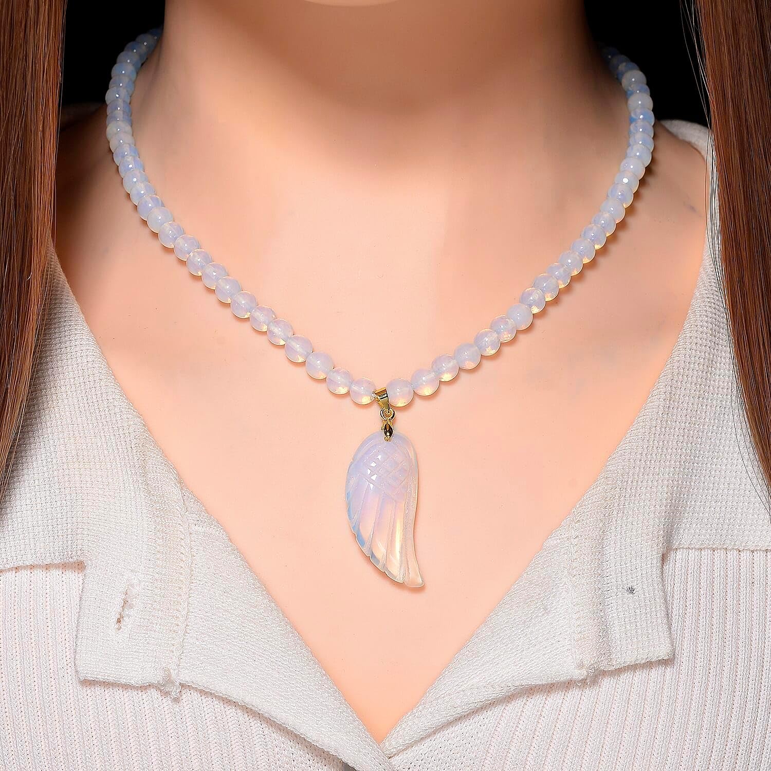 Opalite 110.00 ctw Carved Wing Pendant Beaded Necklace in Goldtone 18-20"