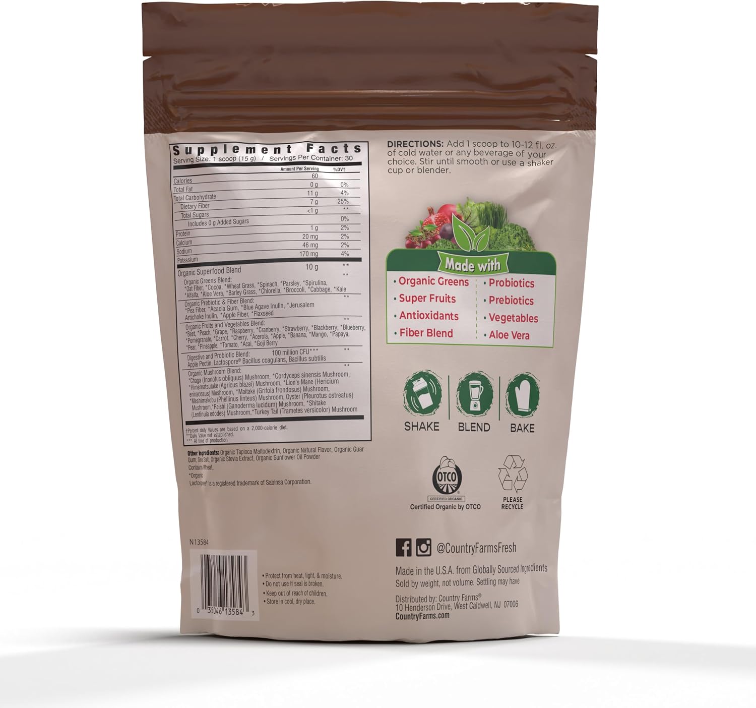 Country Farms Organic Super Greens Powder, Daily Greens Drink Mix with 50 Organic Superfoods, Fruits, Vegetables, Fiber, Mushrooms & Probiotics for Gut Health, Digestion & Energy, Berry Flavor