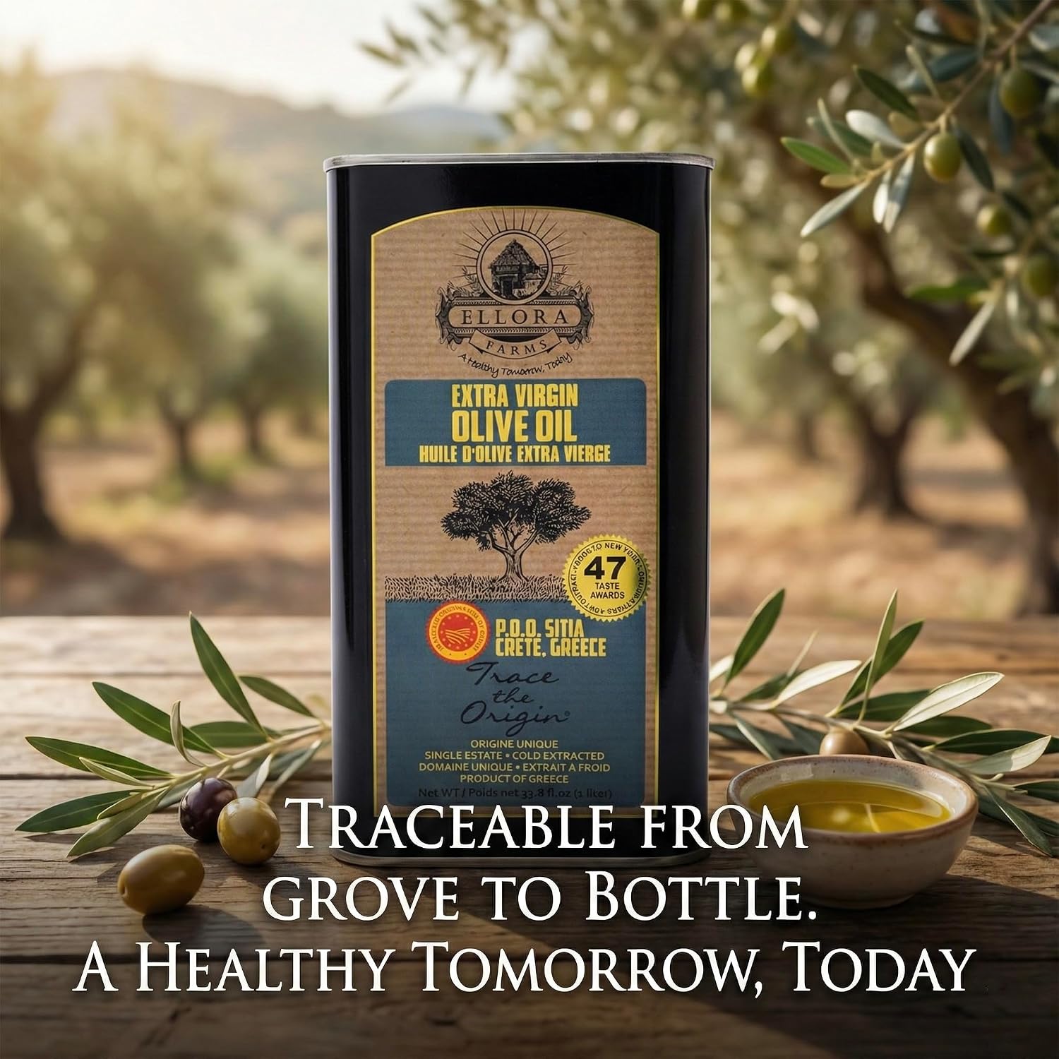 Ellora Farms Olive Oil Extra Virgin, Traceable & Certified PDO Polyphenol Rich Extra Virgin Olive Oil Cold Pressed, Global Gold Awards, Kosher, Single Origin from Crete, Greece 33.8 Fl oz, Pack of 2