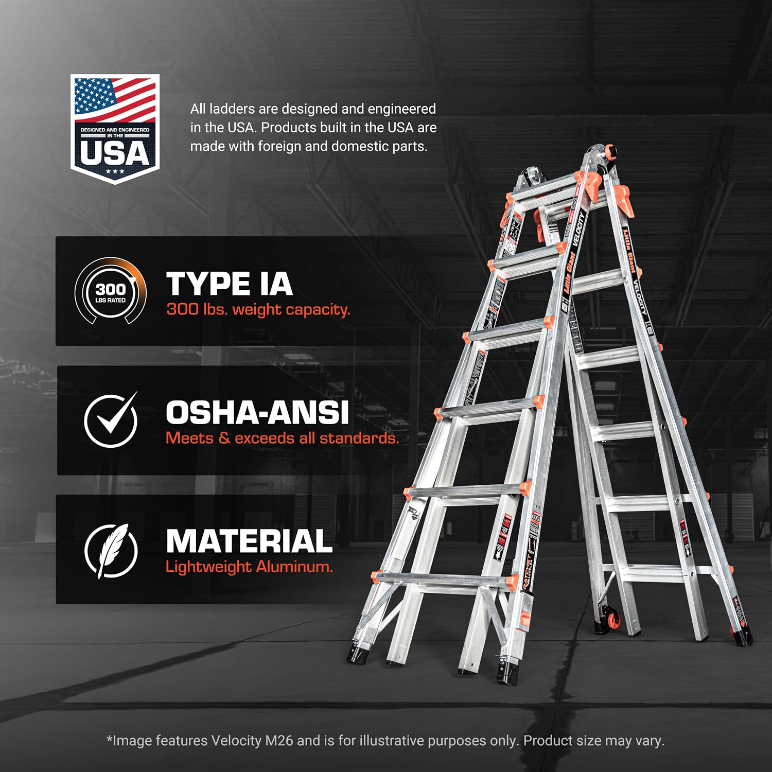 Little Giant Velocity, Aluminum Ladder, 14 ft Reach, 15413-001 | Telescoping Multi-Position Ladder with Extension, A-Frame, 90-Degree & Trestle Modes, 300 lbs. Rating