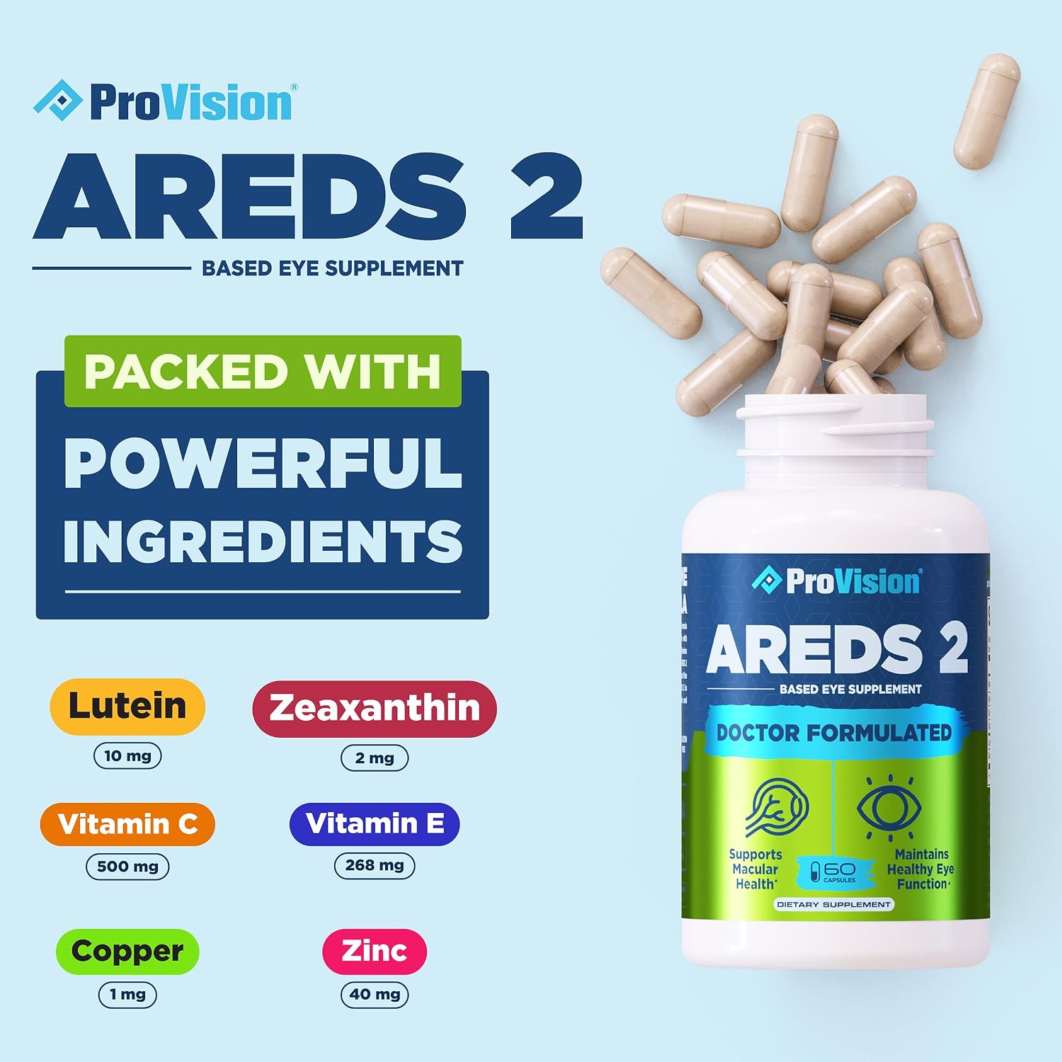 Provision AREDS 2 Eye Vitamins - Lutein and Zeaxanthin Complex, 60 Capsules | Doctor Formulated Vision Supplements for Adults with Vitamin C, E, Zinc