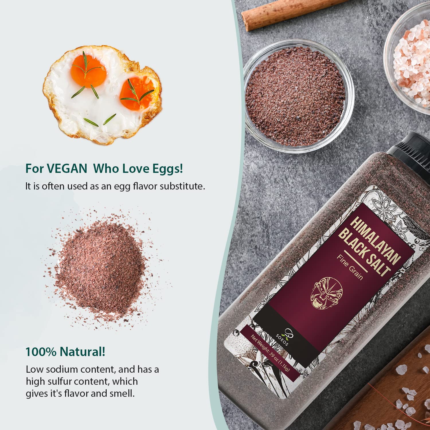 Soeos Black Salt, Coarse Grain, 2.4 LB(39 Oz), Natural Faux Egg Flavor