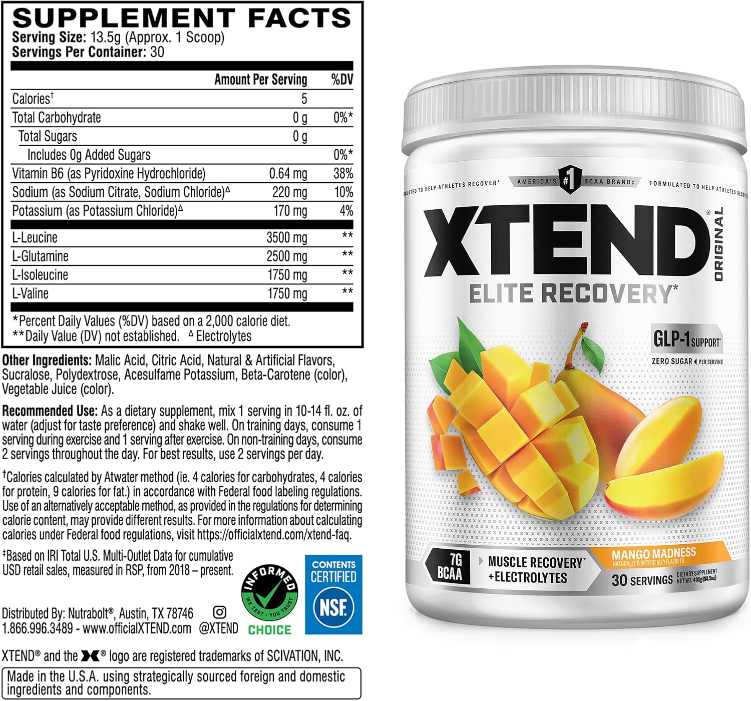 Xtend Original BCAA Powder, 7g BCAAs and 2.5g L-Glutamine for Muscle Recovery Hydration and Lean Muscle, Sugar Free Intra and Post Workout Drink with Electrolytes, Watermelon Explosion, 30 Servings