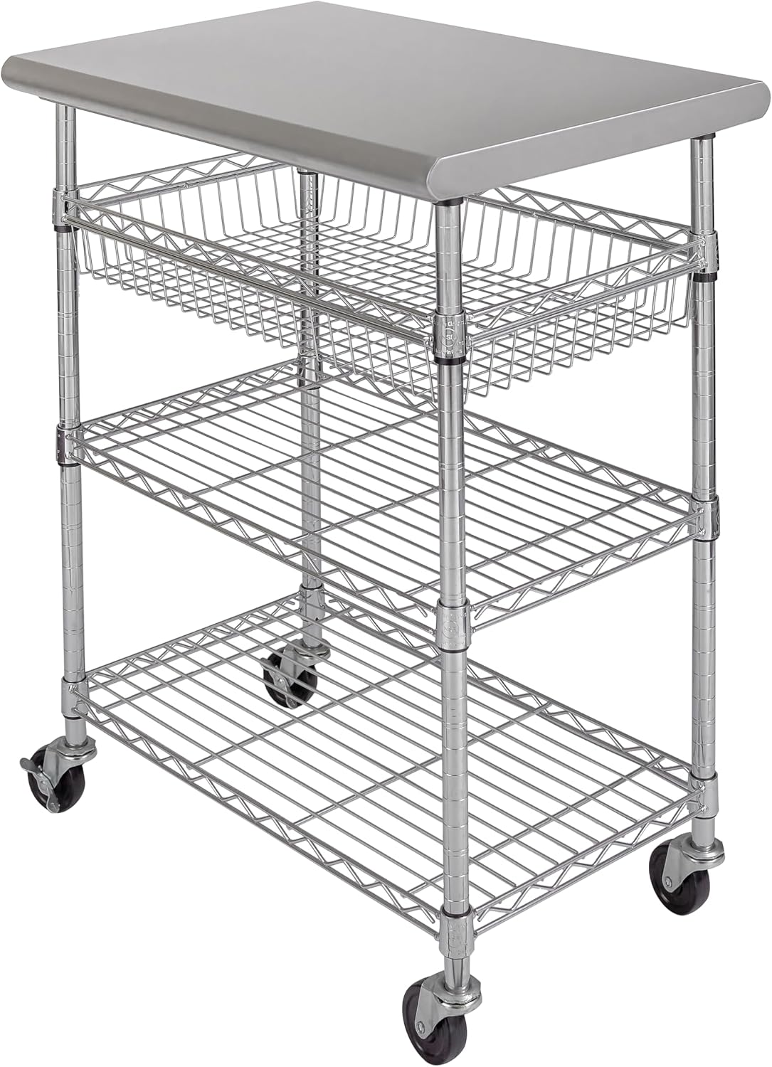 Stainless-Steel Commercial-Grade NSF-Certified Prep Table Cart, 24"W x 20"D | Heavy-duty durable utility workstation supports up to 450 lb w/ adjustable wire shelf and sliding basket on locking wheels