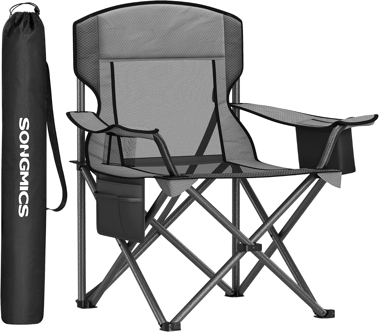 SONGMICS Camping Chair, Folding Oversized Chair, Comfortable and Heavy-Duty, 352 lb Weight Capacity, Adjustable Armrests with Cooler Bag, Storage Bag, Breathable Mesh, Bijou Blue UGCB060Q01