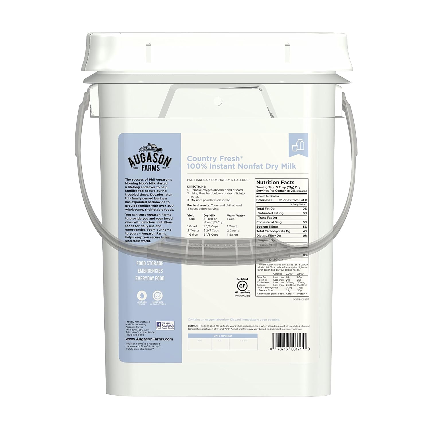 Augason Farms Country Fresh Instant Nonfat Dry Milk Powder | 39 Servings, 20 Year Shelf Life, Gluten Free