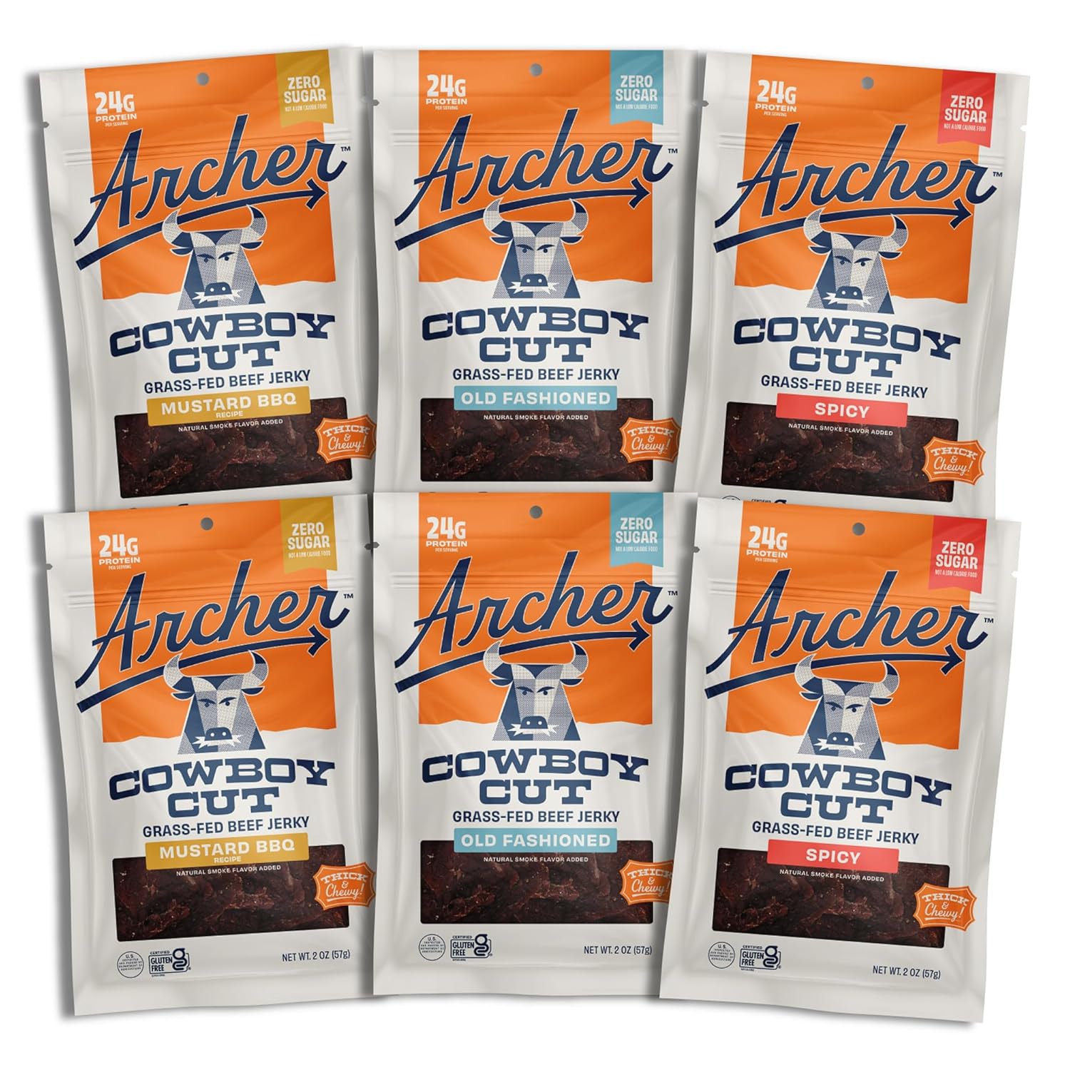 Archer Jerky Cowboy Cut Beef Jerky, Old Fashioned, Zero Sugar- 2 Oz, 6 Pack