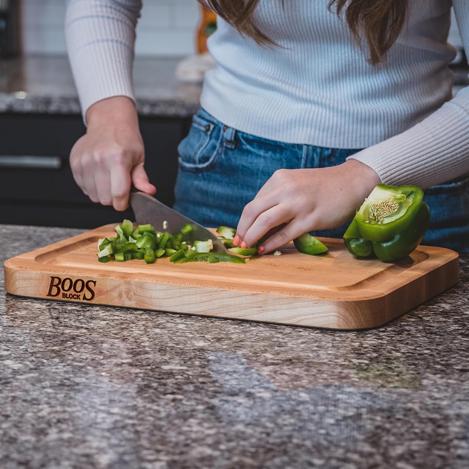 John Boos Prestige Series Rectangular Wooden Maple Cutting Board 16”x10” – 1.25” Thick, 6-lb Reversible Butcher Block with Juice Groove, Edge-Grain & Finger Grip Hole – Made in the USA | 1.25” Thick, 6-lb Butcher Block with Juice Groove, Edge-Grain & Fin…