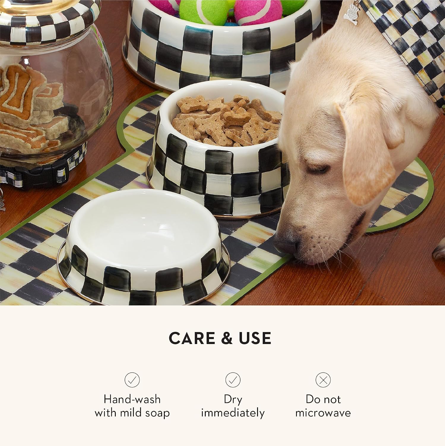 MACKENZIE-CHILDS Enamel Pet Dish, Large, Black-and-White Courtly Check | Decorative cat and dog bowl for food and water, 40-ounce capacity