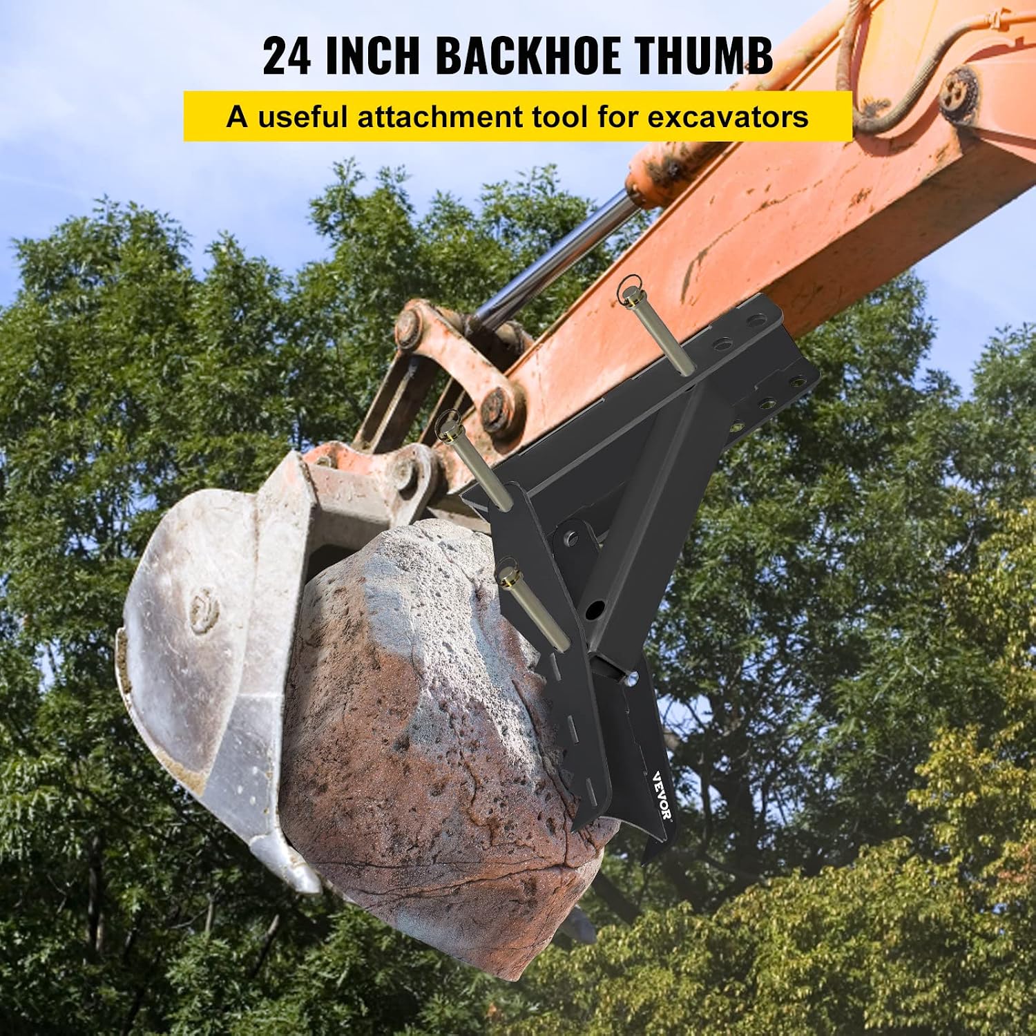 24 inch Excavator Hydraulic Thumb Backhoe Excavator Thumb Attachments Weld 1/2 Inch Teeth Thick Steel Plate Assembly CNC Plasma Cut Bolt-On Design