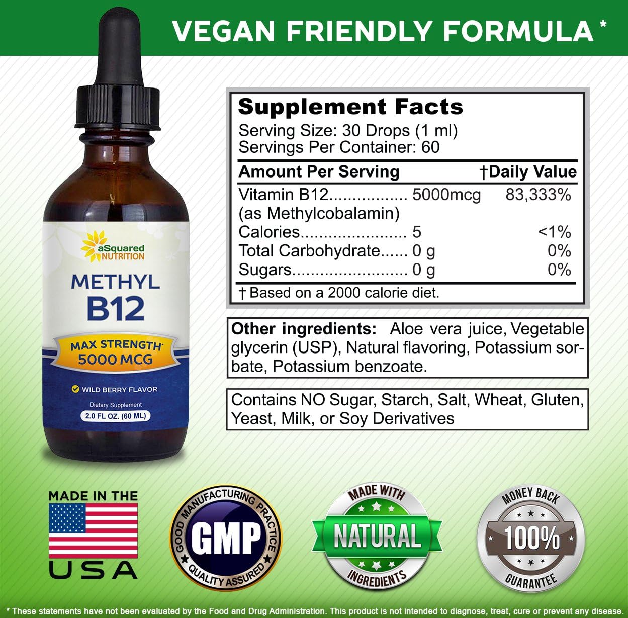 aSquared Nutrition Vitamin B12 Sublingual Liquid Drops - 5000 MCG Supplement with Methylcobalamin (Methyl B-12) - Max Absorption B 12 to Increase