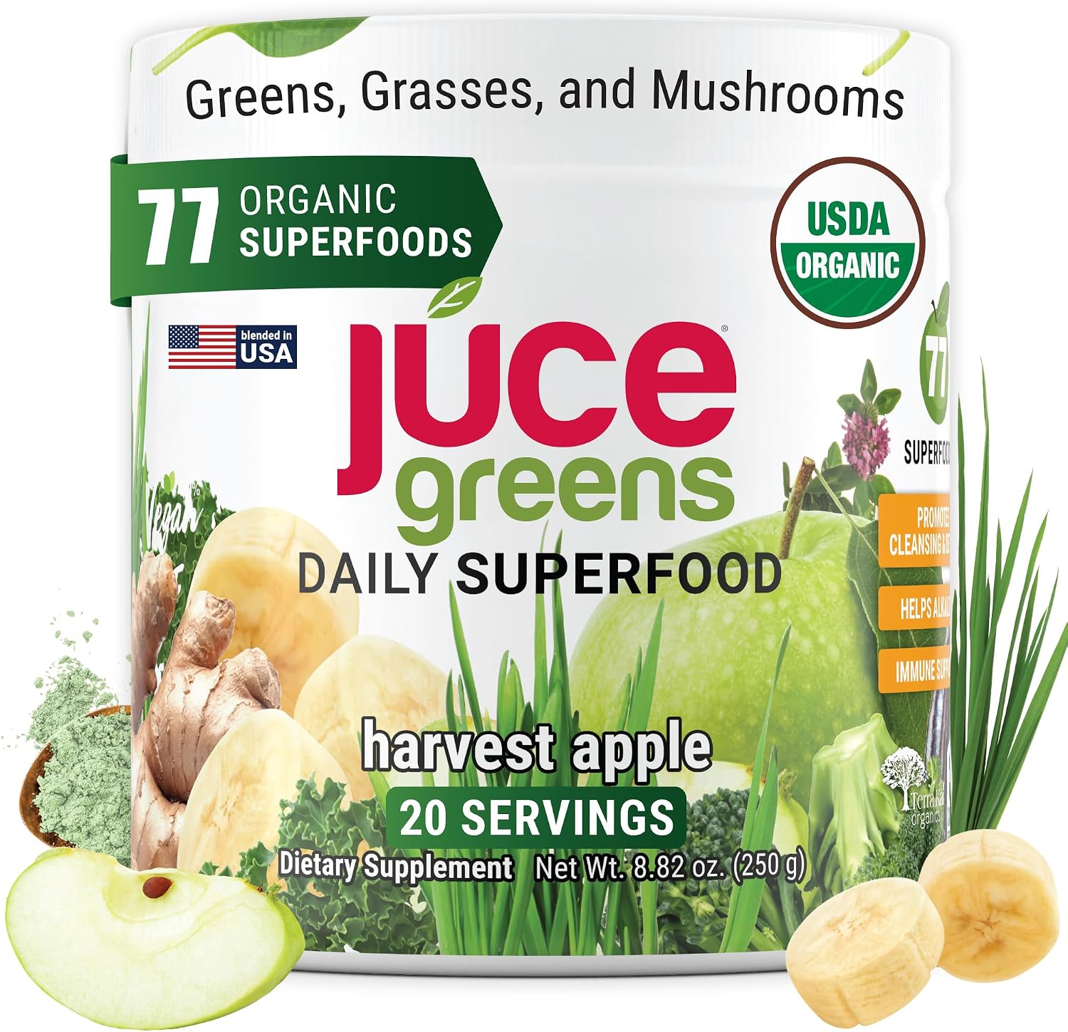 Juce Greens Organic Superfood Powder | 64 Superfoods | 20 Servings | Harvest Apple flavor | 6 adaptogenic mushrooms