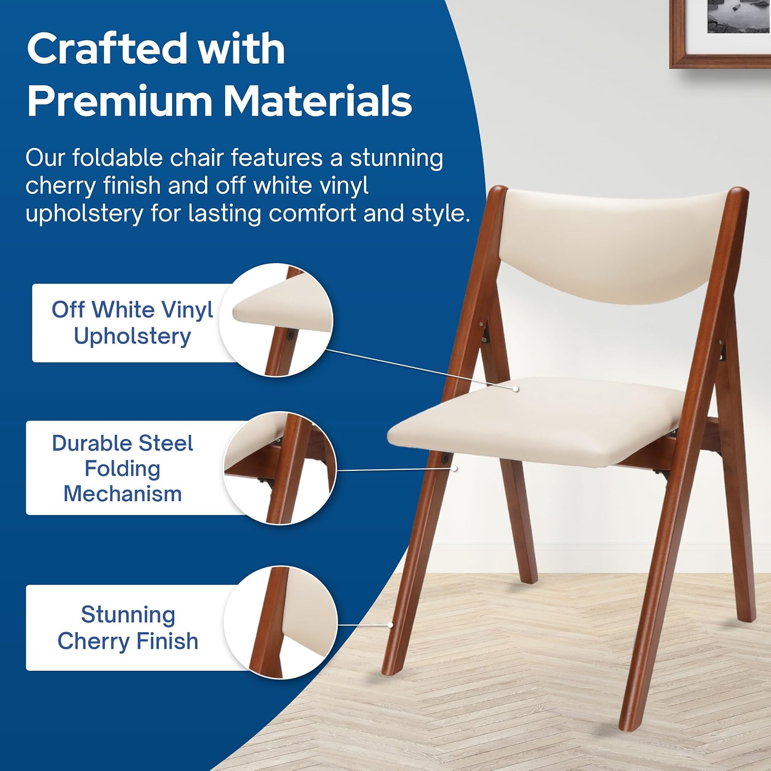 Stakmore Retro Modern Wood Folding Chairs Set of 2, Padded Upholstered Seat, Solid Hardwood Dining & Card Table Chairs, A-Frame Design, Steel Folding Mechanism, No Assembly, Space Saving, Cherry Frame