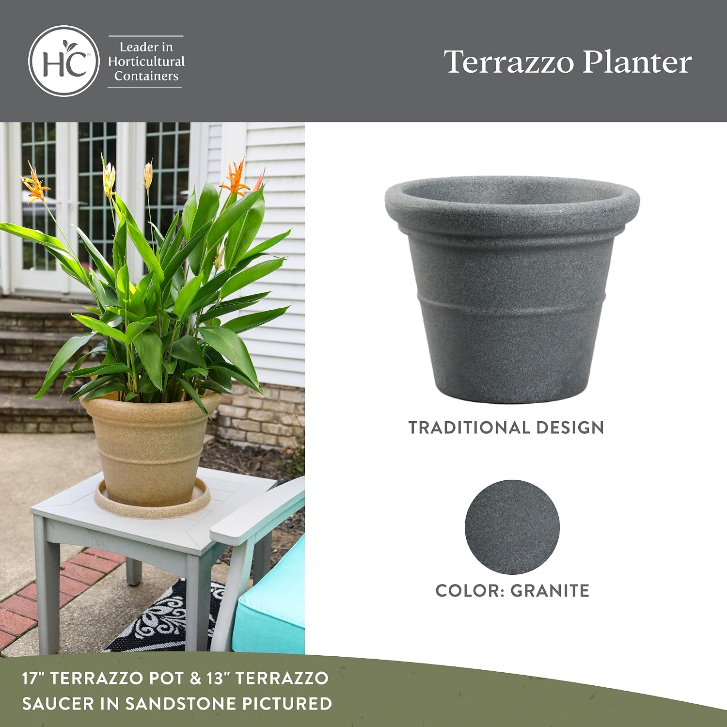 The HC Companies Terrazzo Large Round Plastic Plant Pot w/Rolled Rim - Lightweight & UV Resistant Gardening Pot for Herbs & More - Outdoor & Indoor Plant Pots w/Drainage (17” Black)