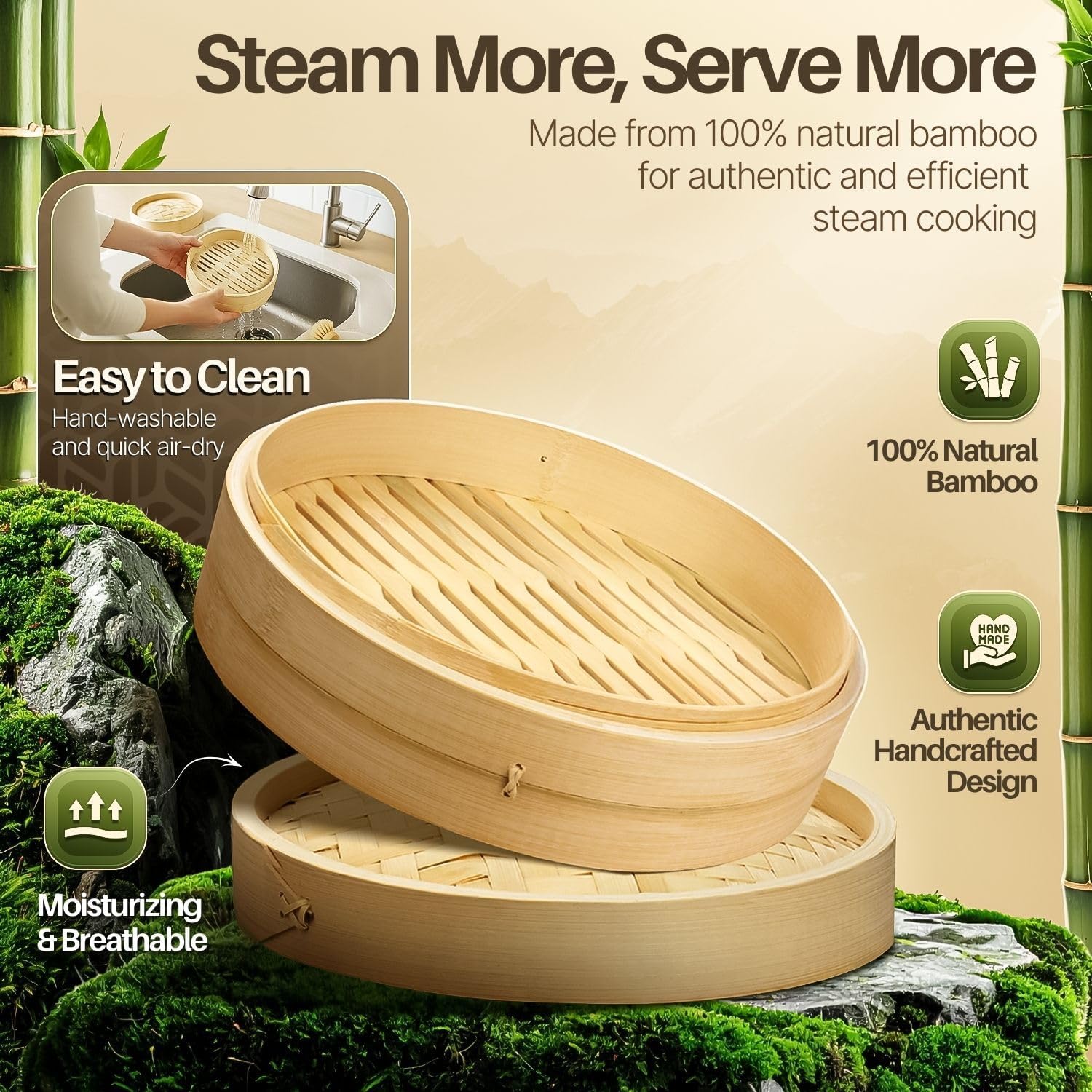 Flexzion Bamboo Steamer Basket Set (8 inch), 50 x Steamer Liners and 2 Pairs of Chopsticks, Steam Baskets for DimSum Dumplings, Rice, Vegetables