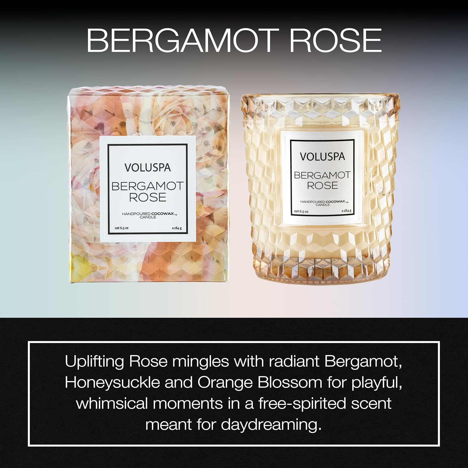 Voluspa Bergamot Rose, Classic Candle Jar, 6.5 oz, 40 Hour Burn Time, Coconut Wax for Clean Burning, Handcrafted in the USA