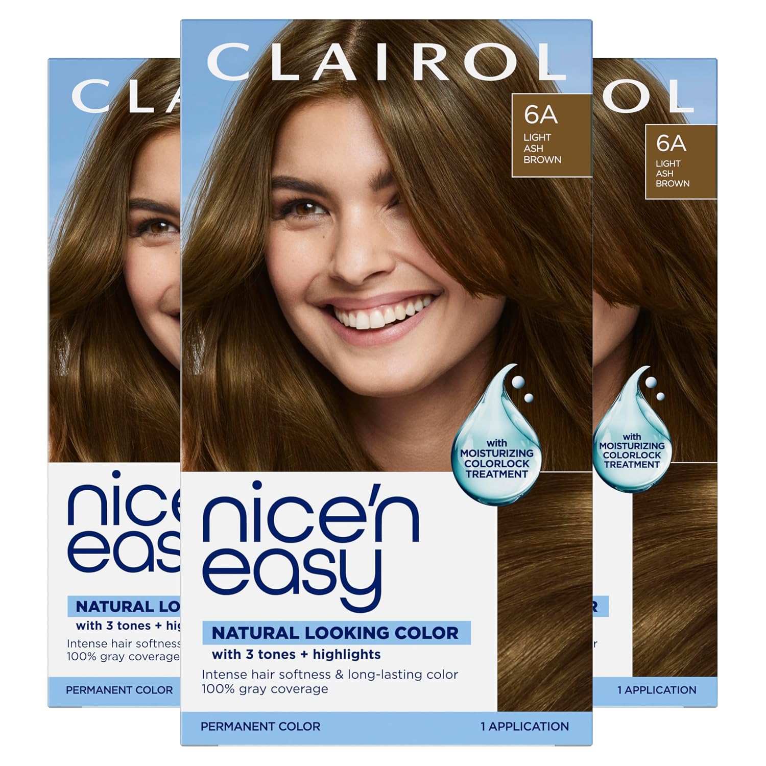 Clairol Nice'n Easy Permanent Hair Dye, 6A Light Ash Brown | Pack of 3