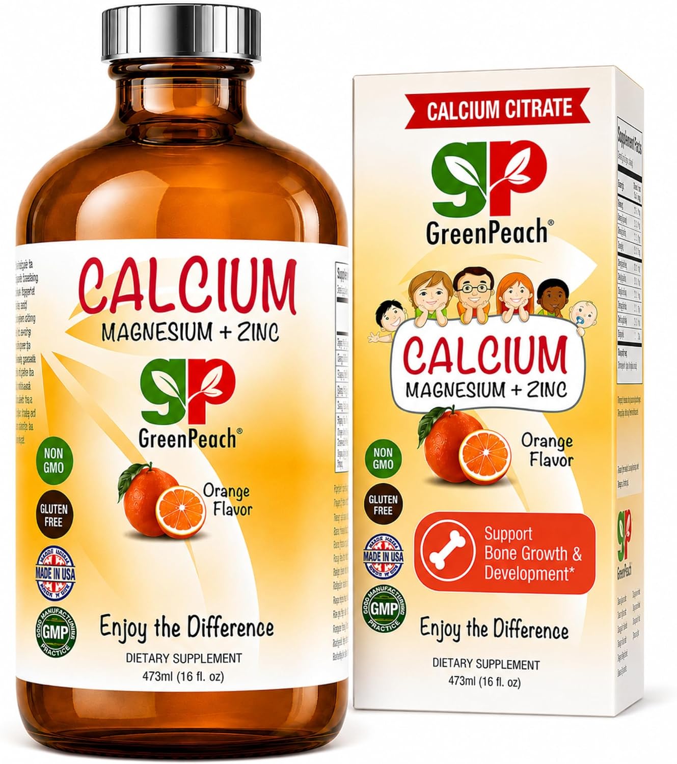 GreenPeach Organic Liquid Calcium for Kids - Magnesium, Zinc, Calcium Citrate & Vitamin D3 Calming Syrup & Liquid Calcium Supplement, NO Sugar NO Artificial Flavors, Vegetarian Halal Kosher