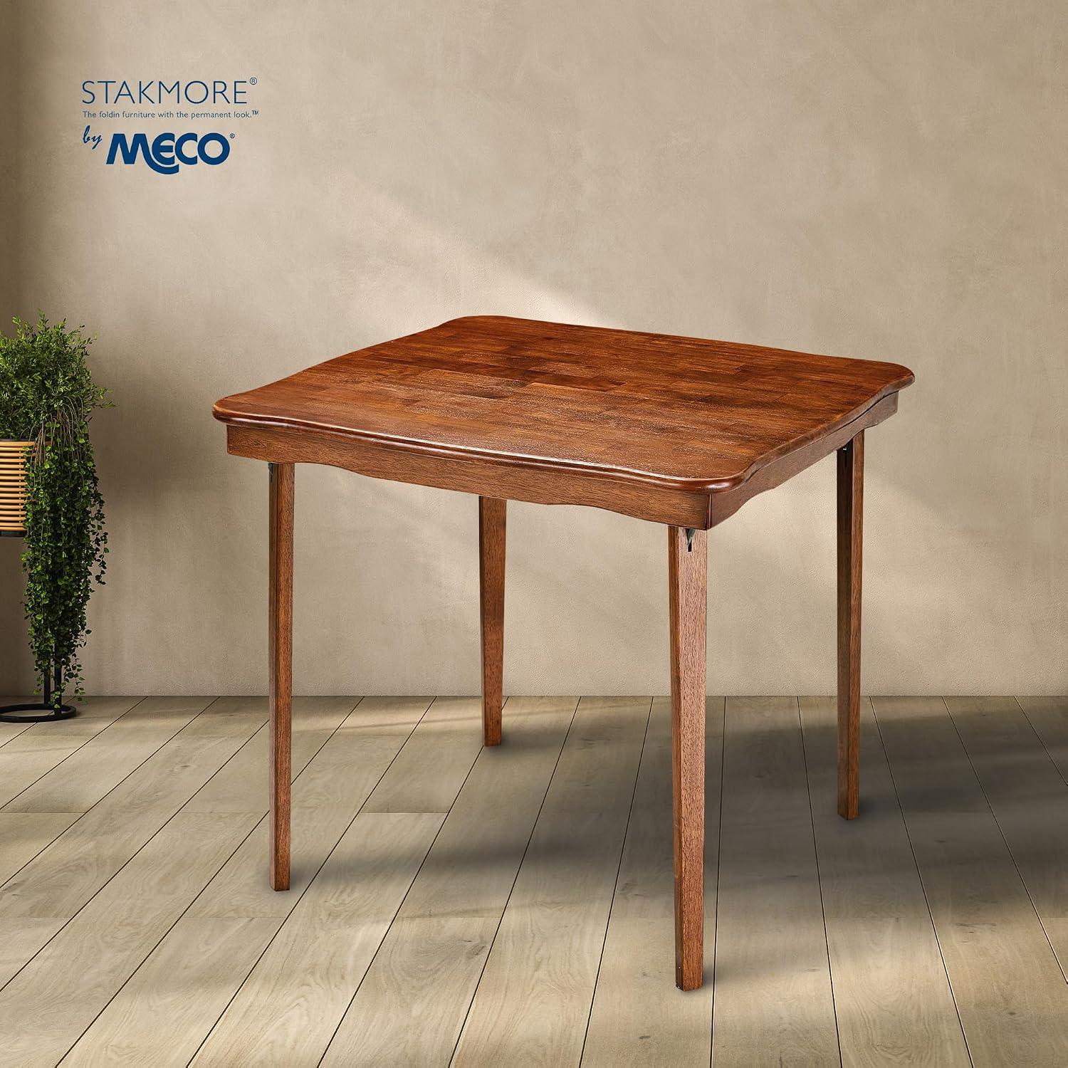 Stakmore Stylish Durable Versatile Square Folding Table, Cherry | Solid Wood Scalloped Edge Compact Traditional Card Table for Home Use