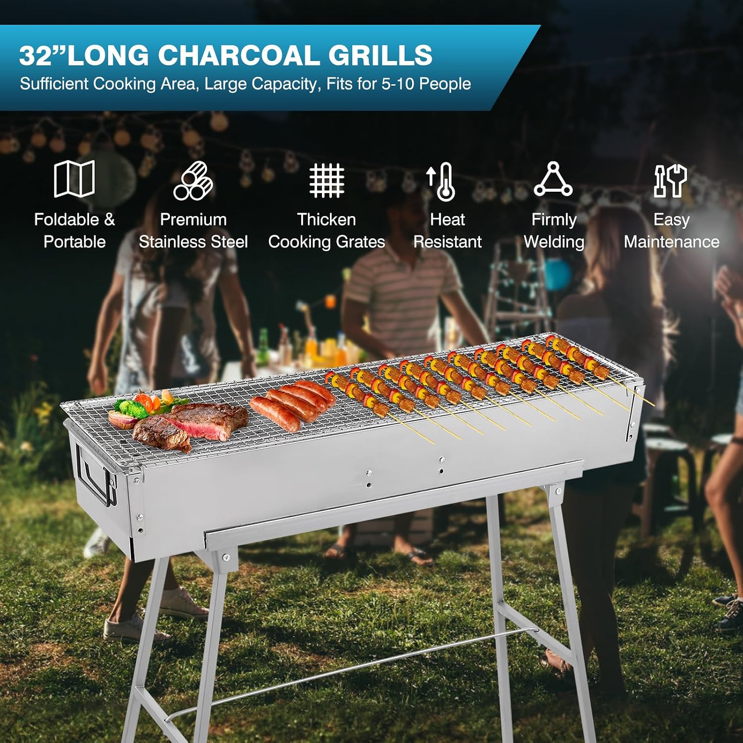IRONWALLS Portable Charcoal Grills Outdoor with Stand 32"(L) x8"(W) x32"(H) | Stainless Steel Foldable Barbecue Grill Stand Charcoal