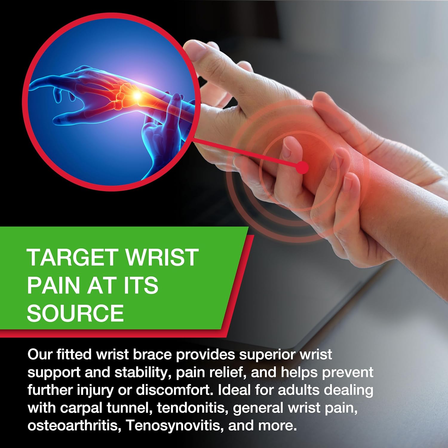 MUELLER Sports Medicine Green Fitted Wrist Brace for Men and Women, Wrist Pain Relief Support, Ideal for Carpal Tunnel, Tendonitis, Arthritis, Right Hand, Black, Small/Medium