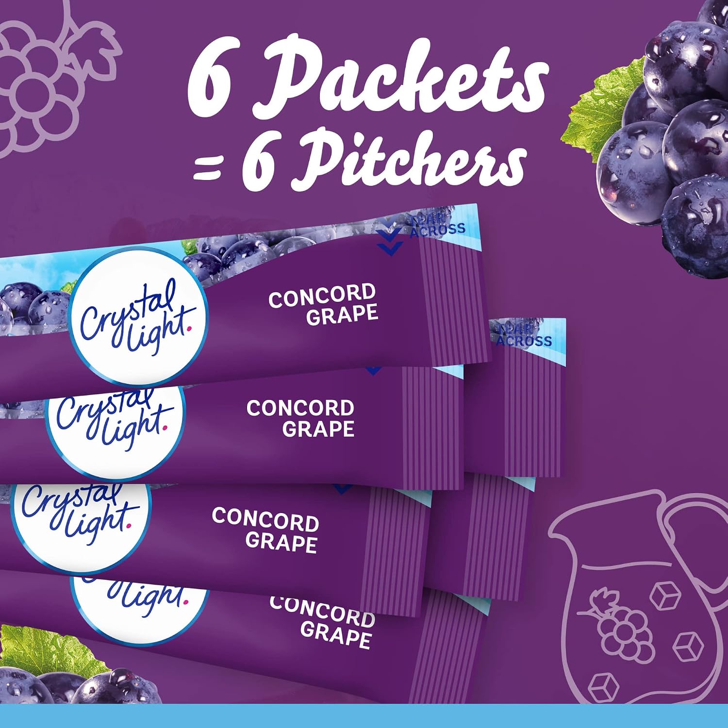Crystal Light Drink Mix, 6 Pitcher Packets Concord Grape , 2.01 oz | for Flavorful Hydration and Shareable Refreshment Zero Sugar, Low Calorie No Caffeine