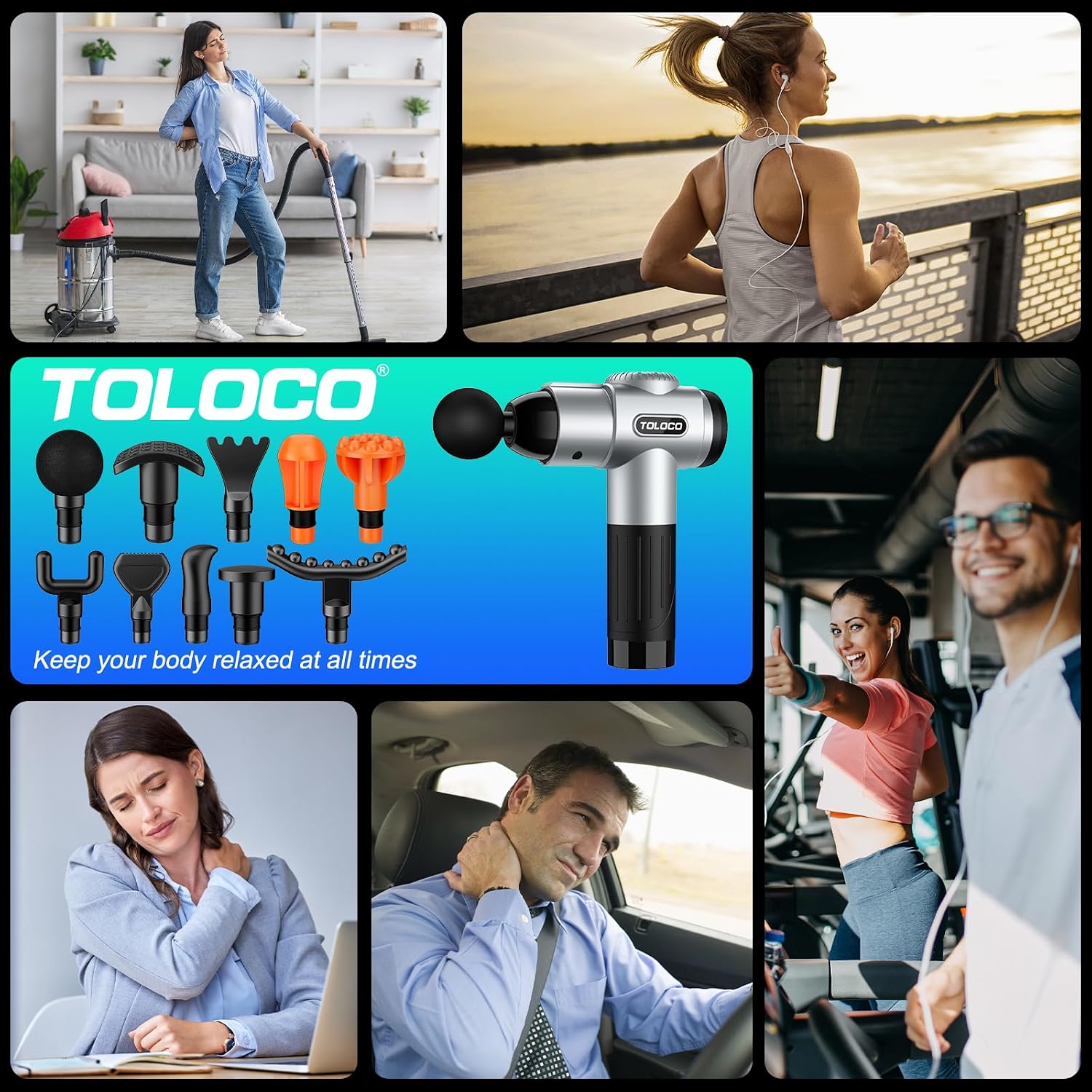 TOLOCO Massage Gun, Deep Tissue Back Massage for Athletes for Pain Relief, Percussion Massager with 10 Massages Heads & Silent Brushless Motor