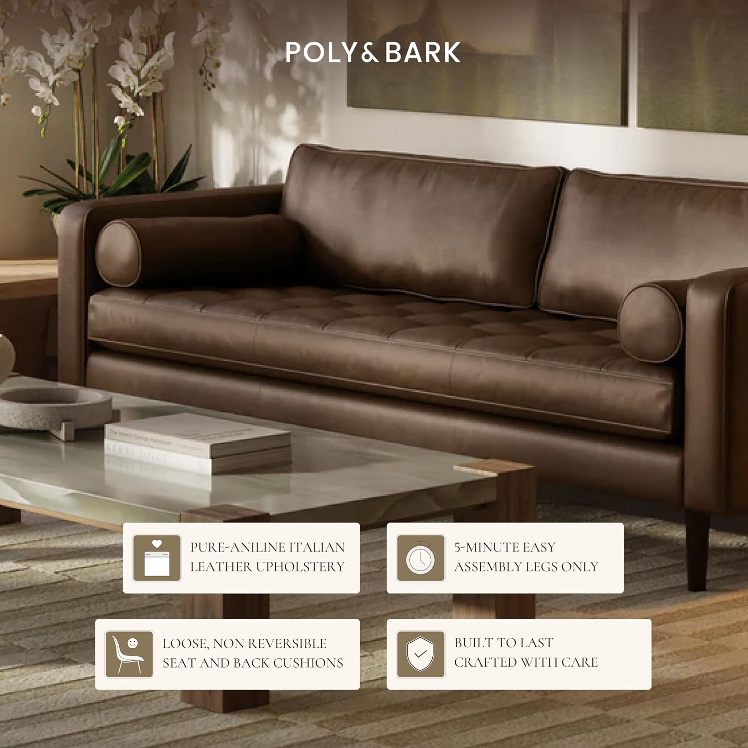 Poly & BARK 55" Tufted Leather Bed Bench for Bedroom End of Bed - Living Room Entry Way Bench - Pure Italian Leather Upholstery with a Solid Wood Frame - Ottoman Bench with Wooden Legs - Cognac Tan