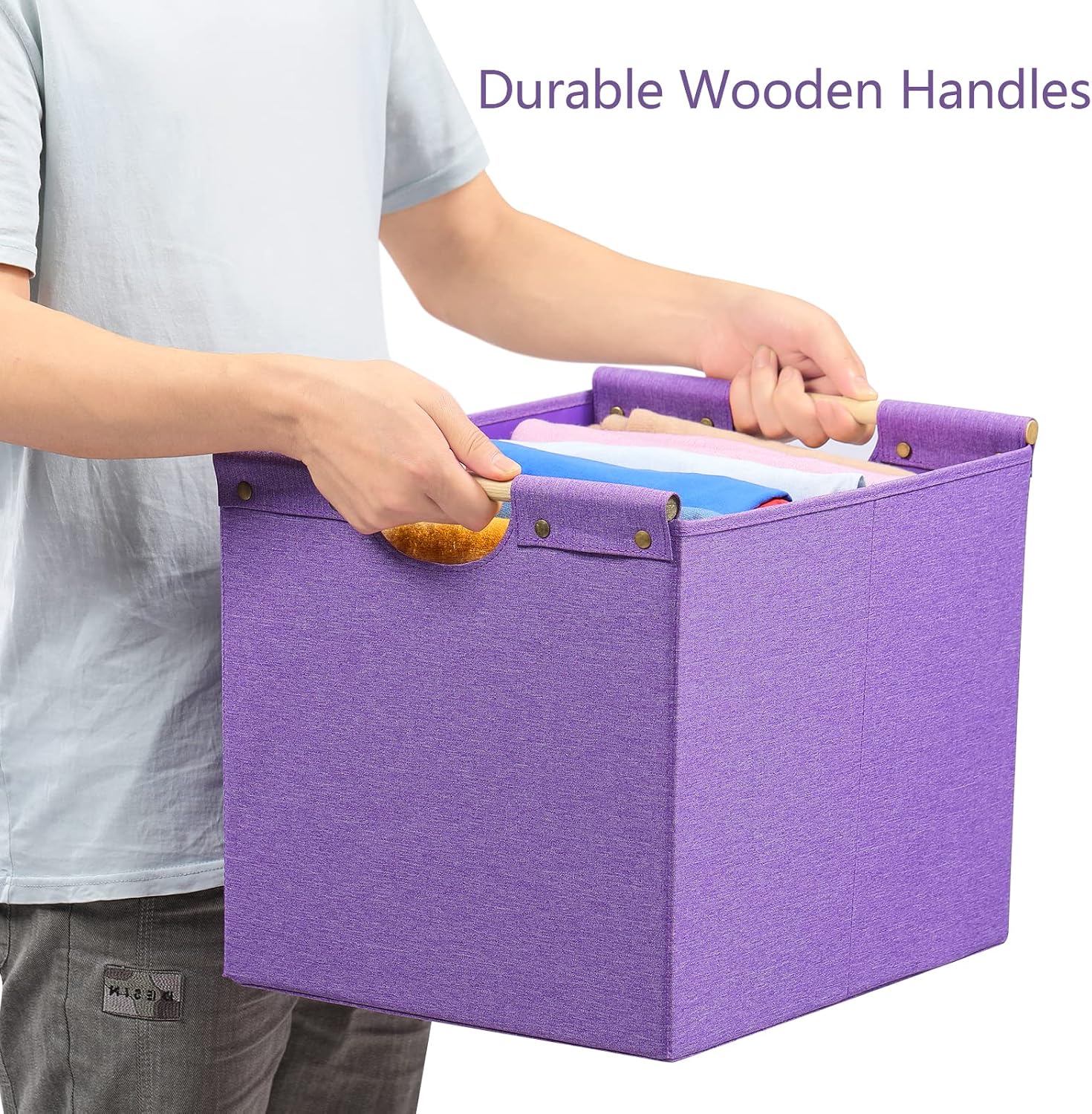 HOONEX Large Collapsible Storage Bins, Linen Fabric, 2 Pack, Storage Baskets with Wooden Carry Handles and Sturdy Heavy Cardboard, for Home, Office