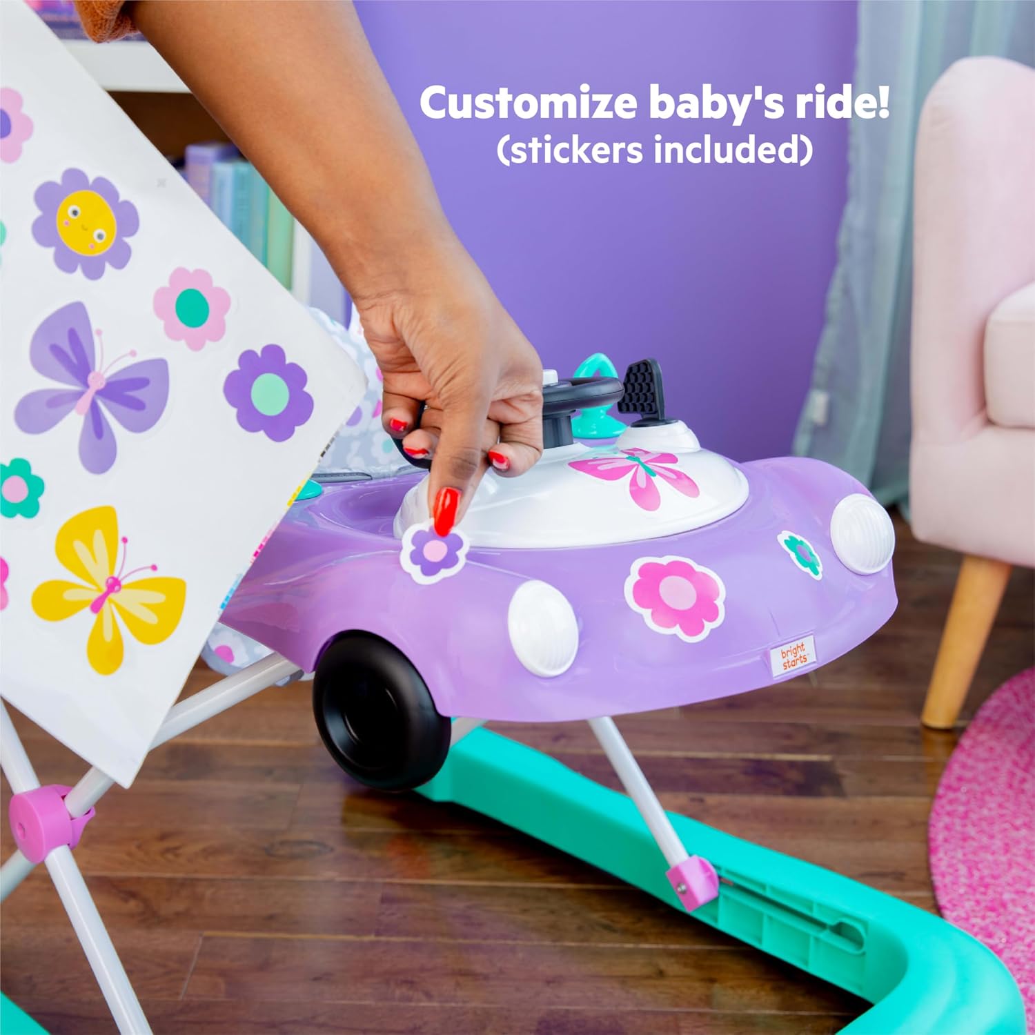 Bright Starts JuneBerry Walk-A-Bout Baby Walker and Entertainer, with Easy Fold Frame for Storage, Ages 6 Months +
