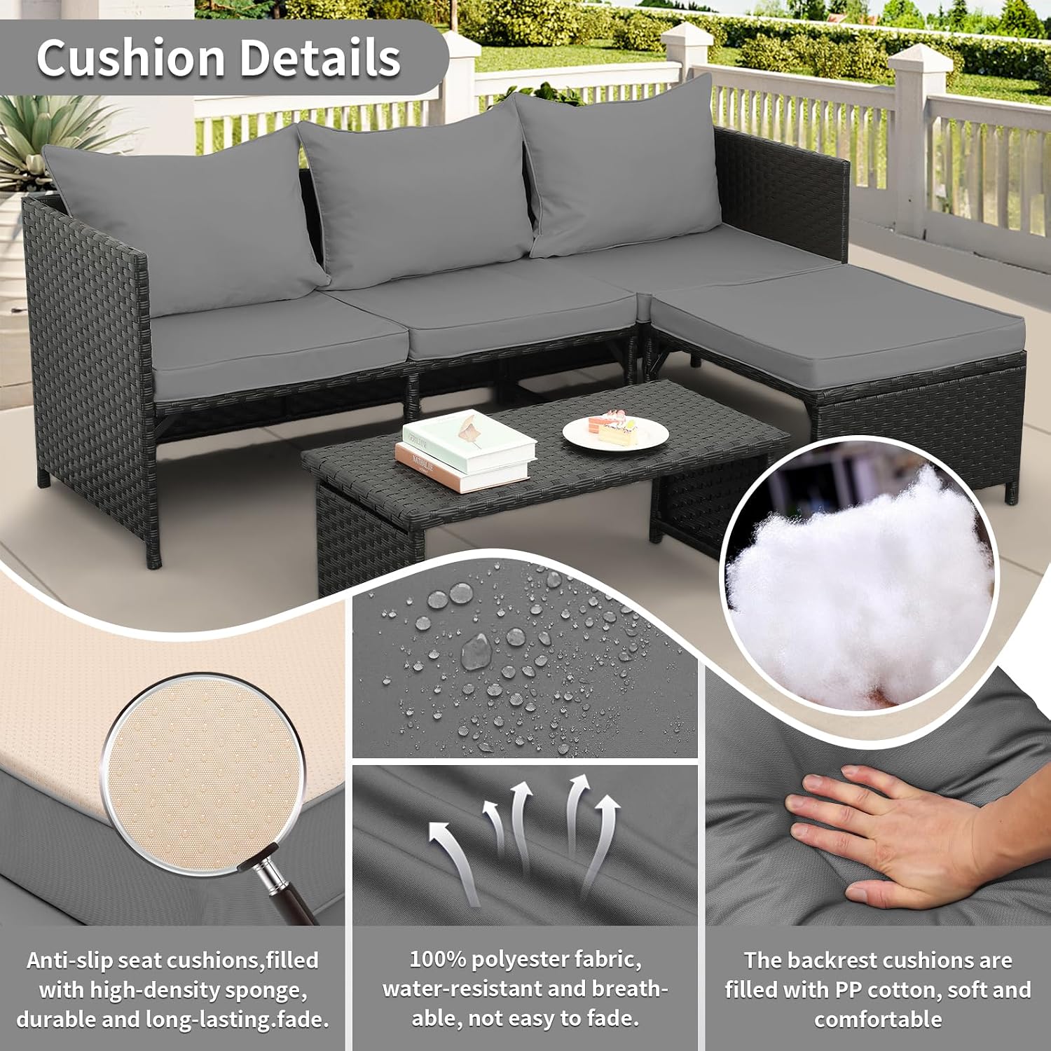 Valita 3-Piece Outdoor PE Rattan Furniture Set Patio Black Wicker Conversation Loveseat Sofa Sectional Couch Khaki Cushion