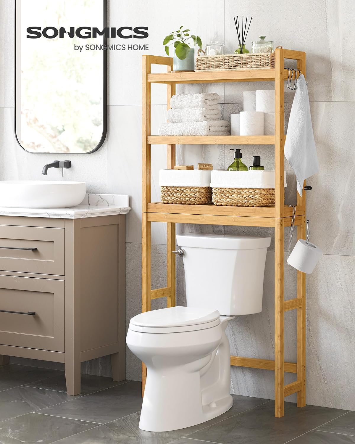 SONGMICS Over The Toilet Storage, 3-Tier Over Toilet Bathroom Organizer with Adjustable Shelf, 10.2 x 24.8 x 66.9 Inches, Space-Saving, Cloud White UBTS01WT