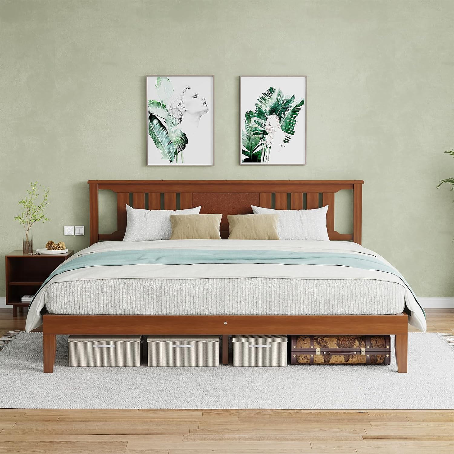 Solid Wood Bed Frame, Queen Size Platform Bed Frame with Headboard, Sturdy Wood Slat Support, Heavy Duty, No Box Spring Needed, Noise-Free, Easy Assembly