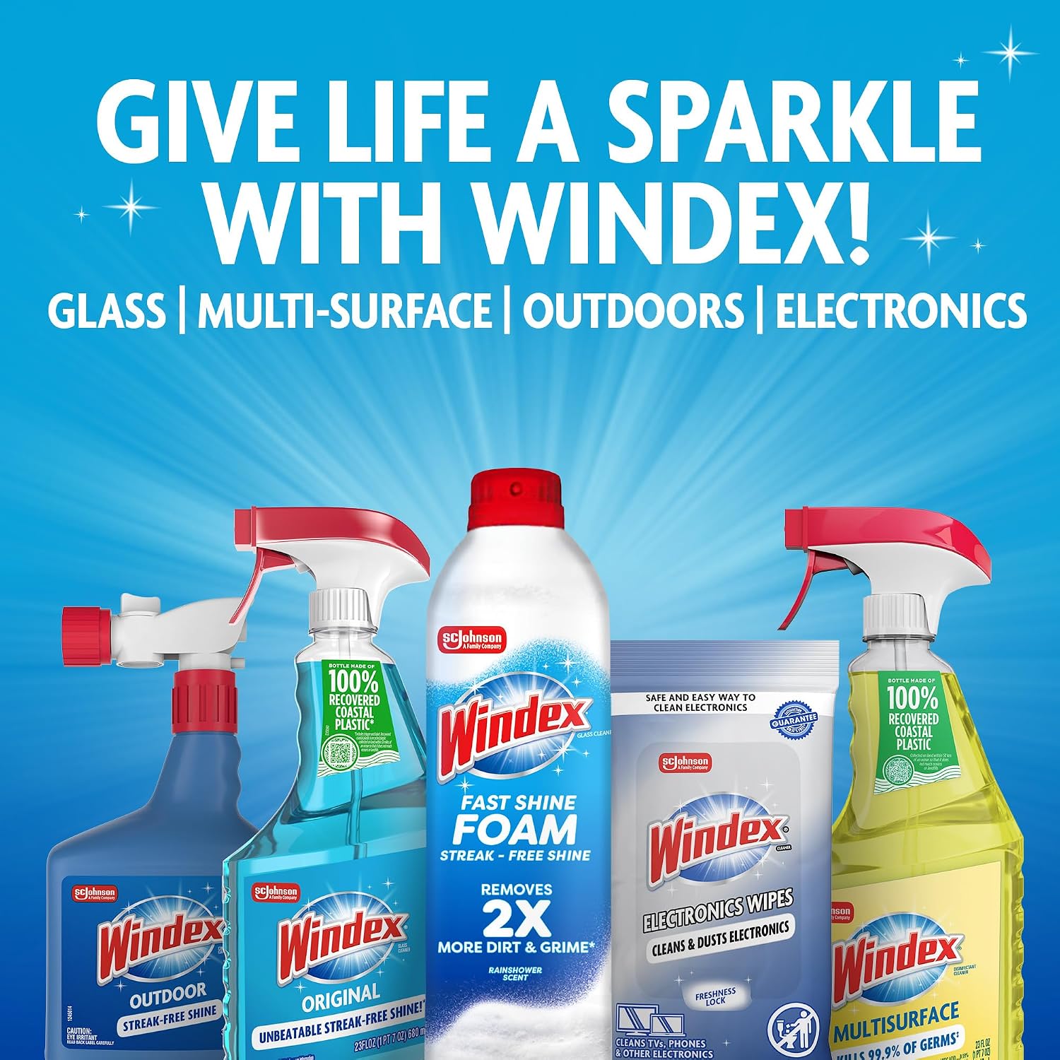 Windex refill glass and window cleaner, made from 100% recycled plastic, surface cleaning spray, original blue scent, 2L (67.6 fl oz)