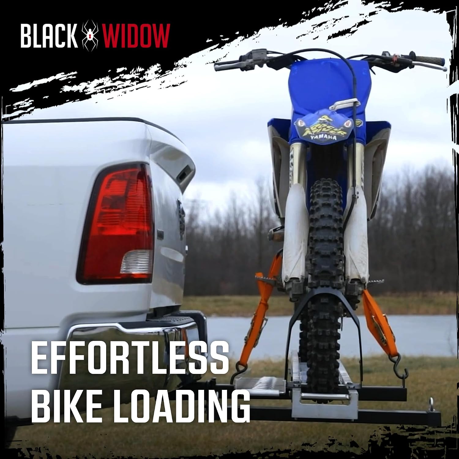 Black Widow Aluminum Dirt Bike Hitch Carrier with Ramp, 400 lb Capacity | Non-Folding Motorcycle, eBike & Fat Tire Bike Hauler for Truck & SUV, Fits 2-Inch Class III/IV Hitch Receiver