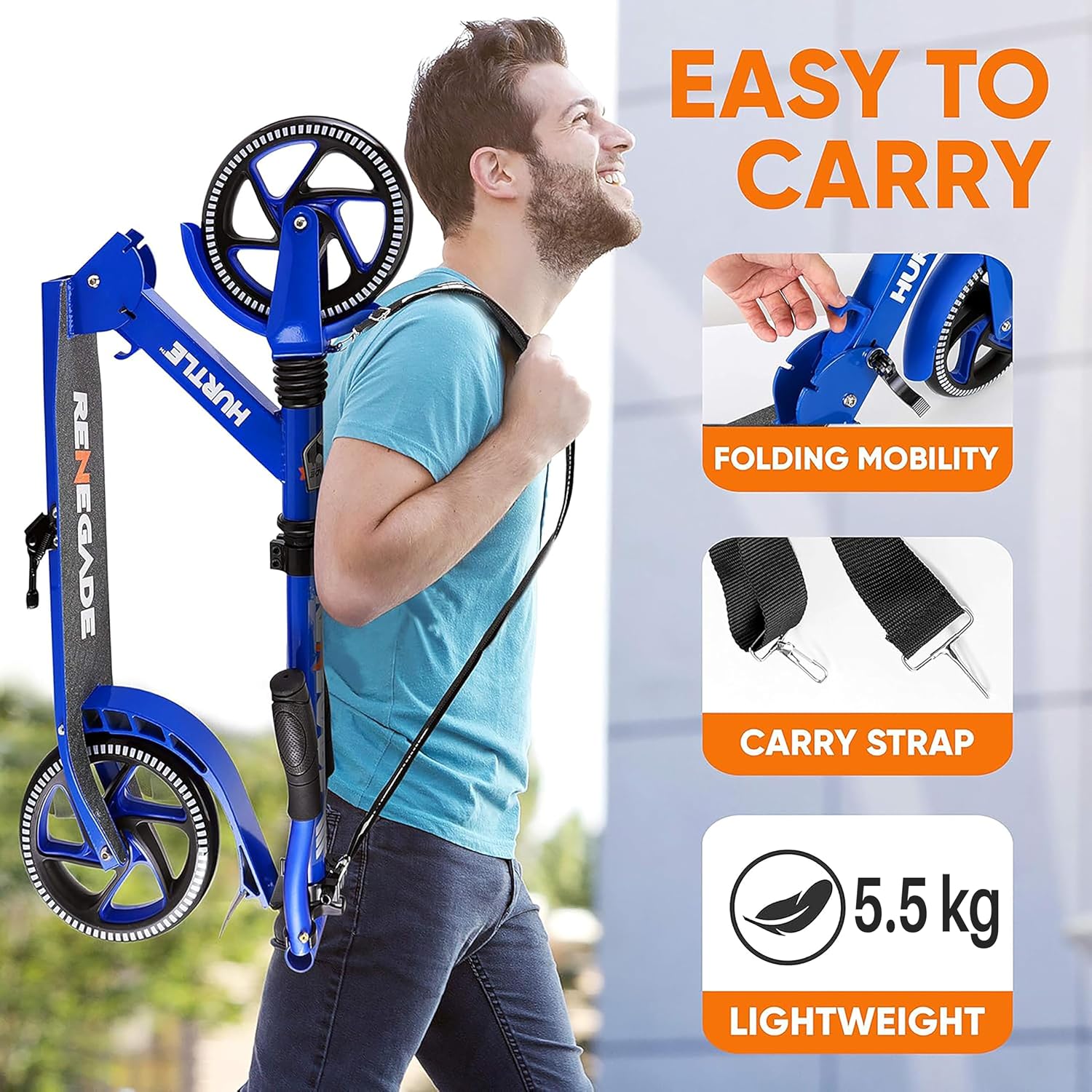Hurtle Renegade Kick Scooter for Kids, Teenagers & Adults - 2-Wheel Folding Scooter with Adjustable T-Bar Handlebar - Alloy Anti-Slip Deck