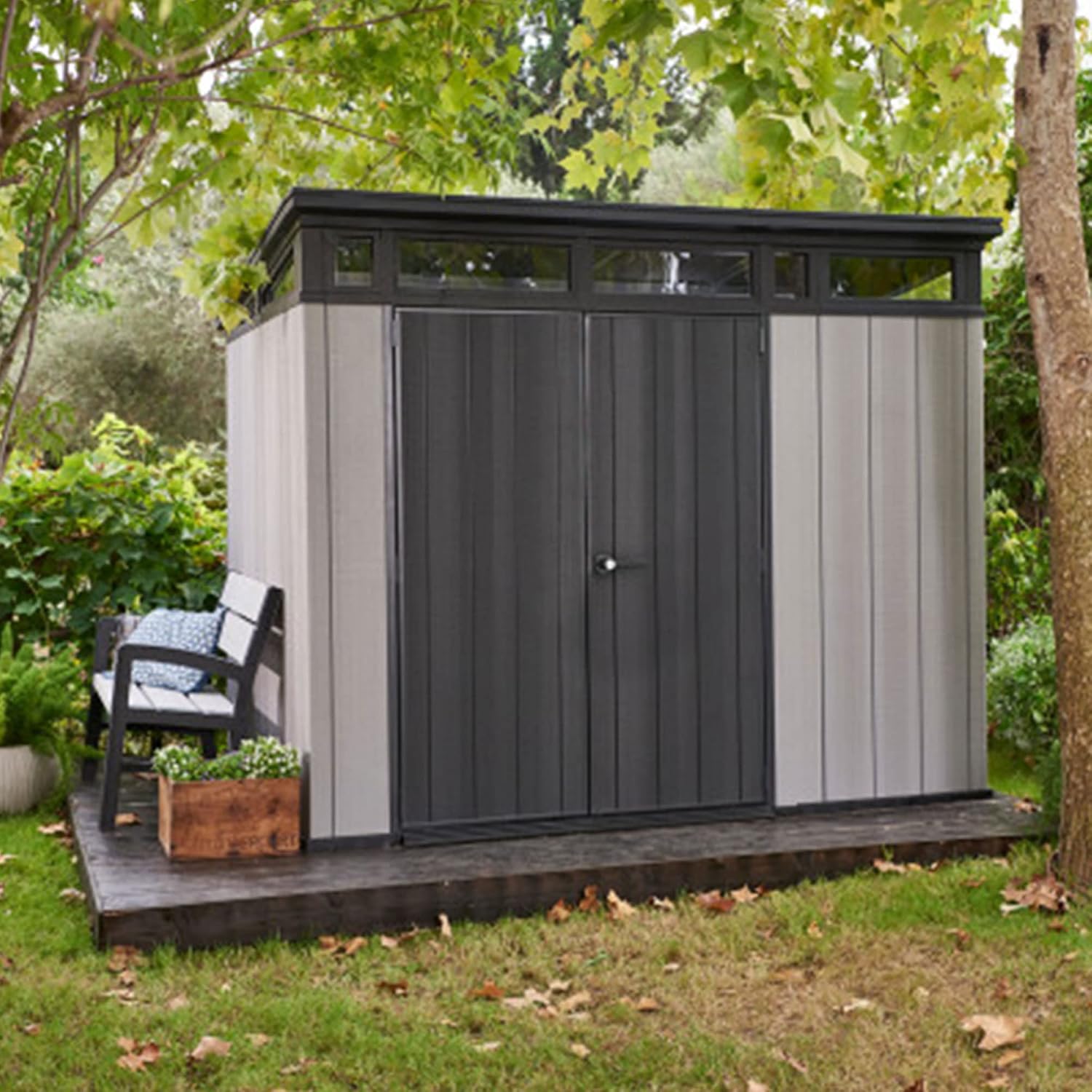 Keter Artisan 9x7 Foot Large Outdoor Shed with Floor with Modern Design for Patio Furniture, Lawn Mower, Tools, and Bike Storage, feet, Grey/Black