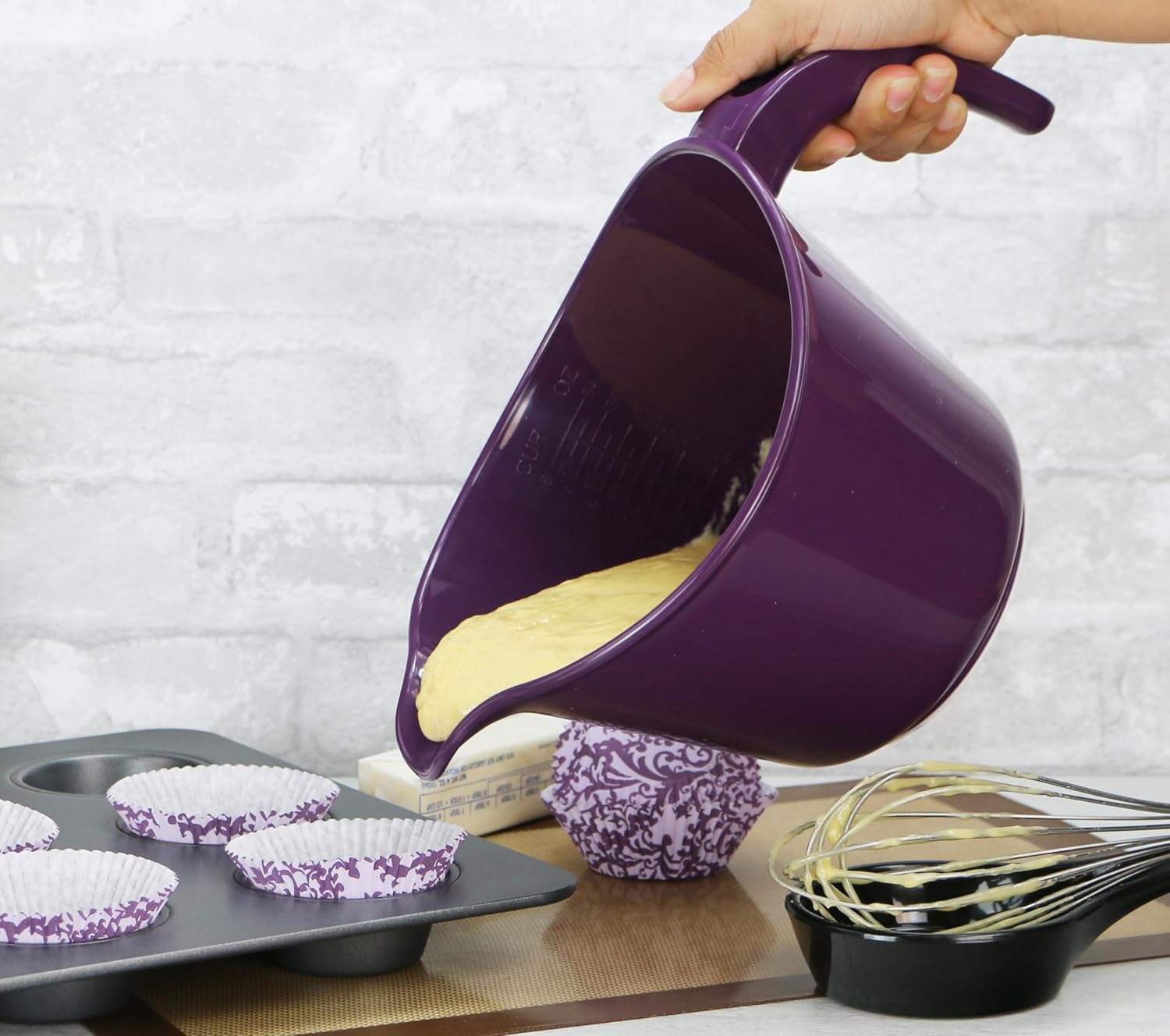 Reston Lloyd, Batter Bowl With Pour Spout, Non-Slip Base, Erogonomic Space Saving Detachable Handle, 2 QT Heavy Duty BPA-Free Microwave & Dishwasher Safe, Plum